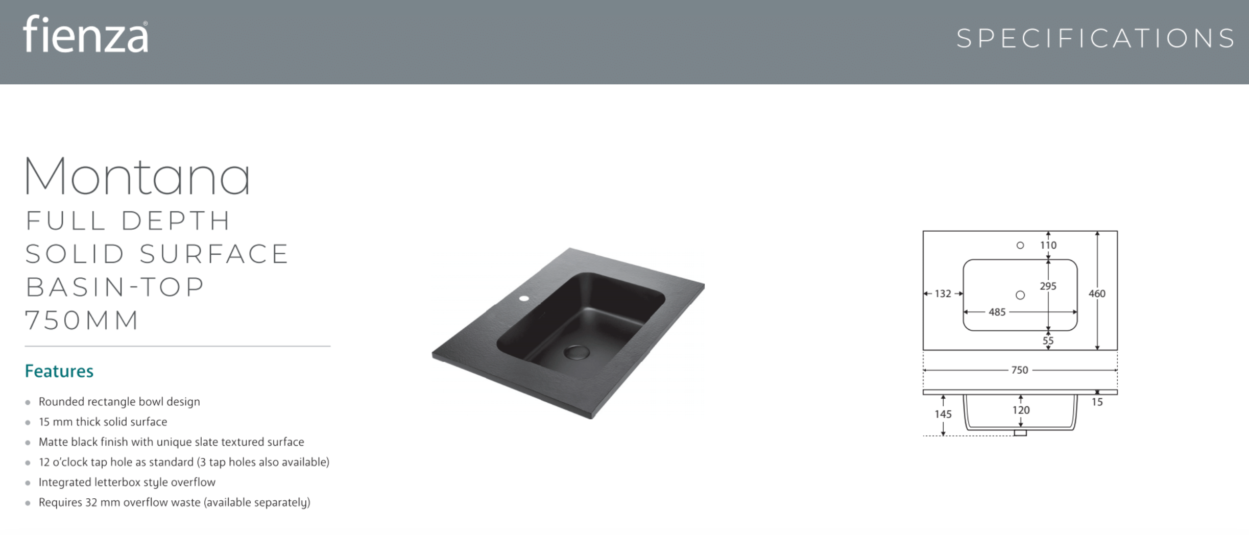 Fienza MON75ZR Montana 30-inch Wall Mounted Bathroom Vanity with Fingerpull Drawers in Satin Black - Right Side Configuration for Modern Bathroom Design