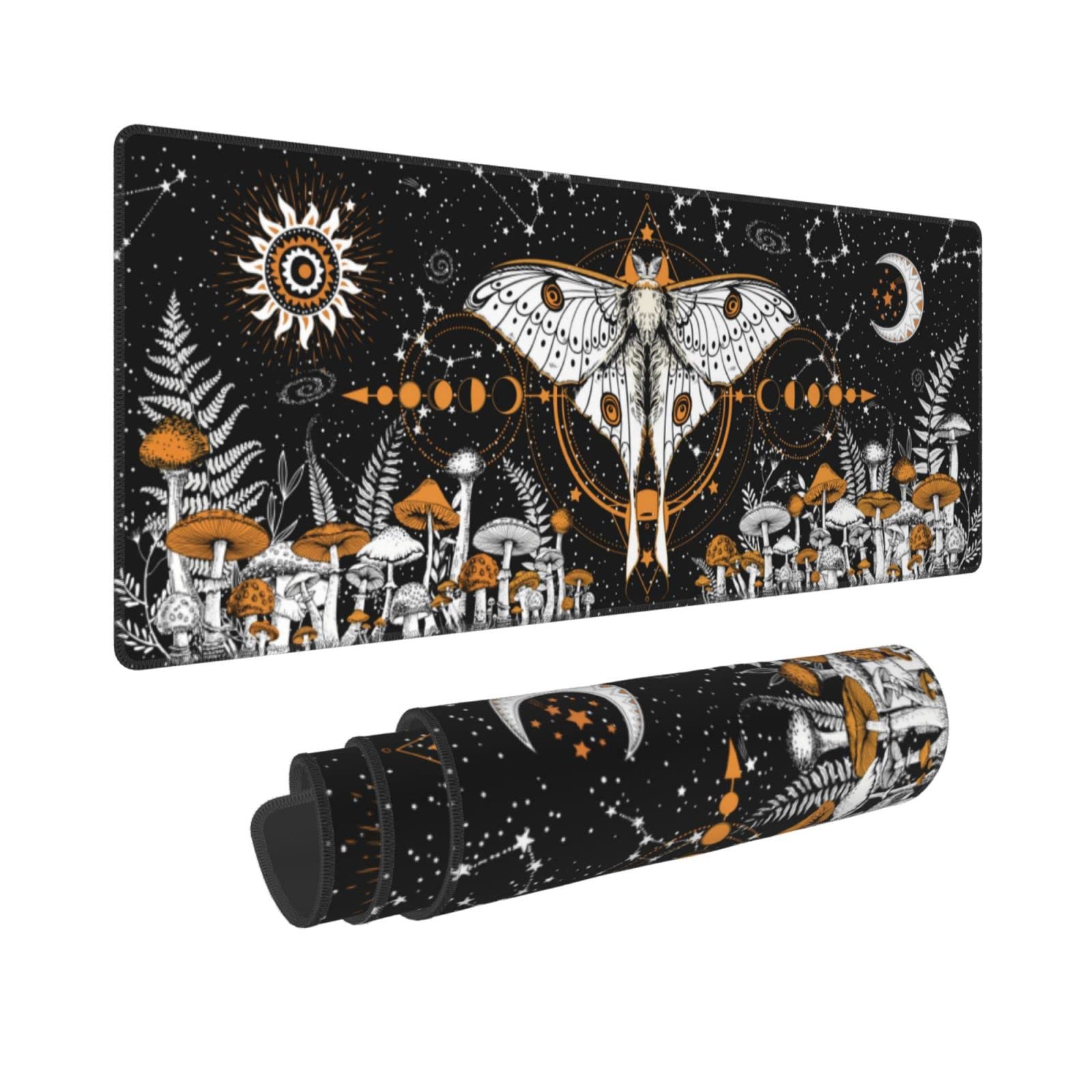 Large Mushroom Moth Butterfly Gaming Mouse Pad - 31.5 x 11.8 Inch XL Extended Desk Mat with Stitched Edges for PC, Laptop & Office Workspace