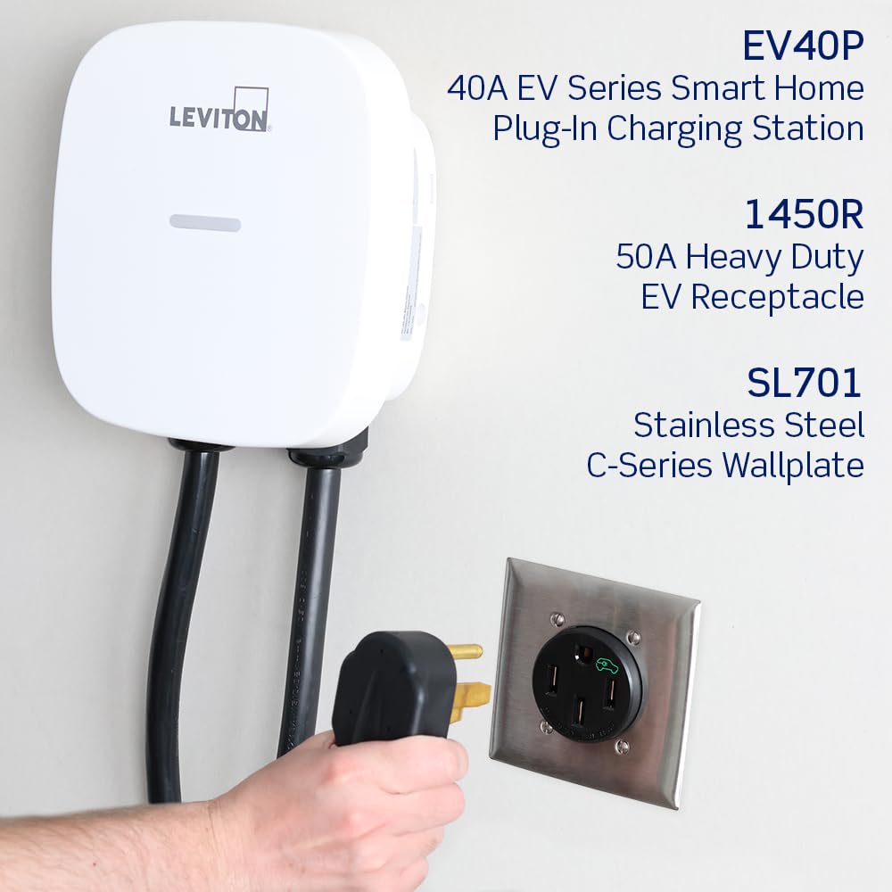 Leviton 1450R 50 Amp Heavy Duty EV Charging Receptacle Outlet - NEMA 14-50R for Electric Vehicle Charging at Home & RV Power Supply