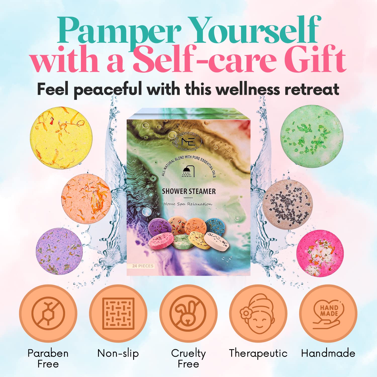 24-Pack Aromatherapy Shower Steamer Tablets with Pure Essential Oils & Sea Salt - Natural Stress Relief Bath Bombs for Relaxation, Spa Gift Set - Perfect for Self-Care, Mother's Day & Holiday Gifts