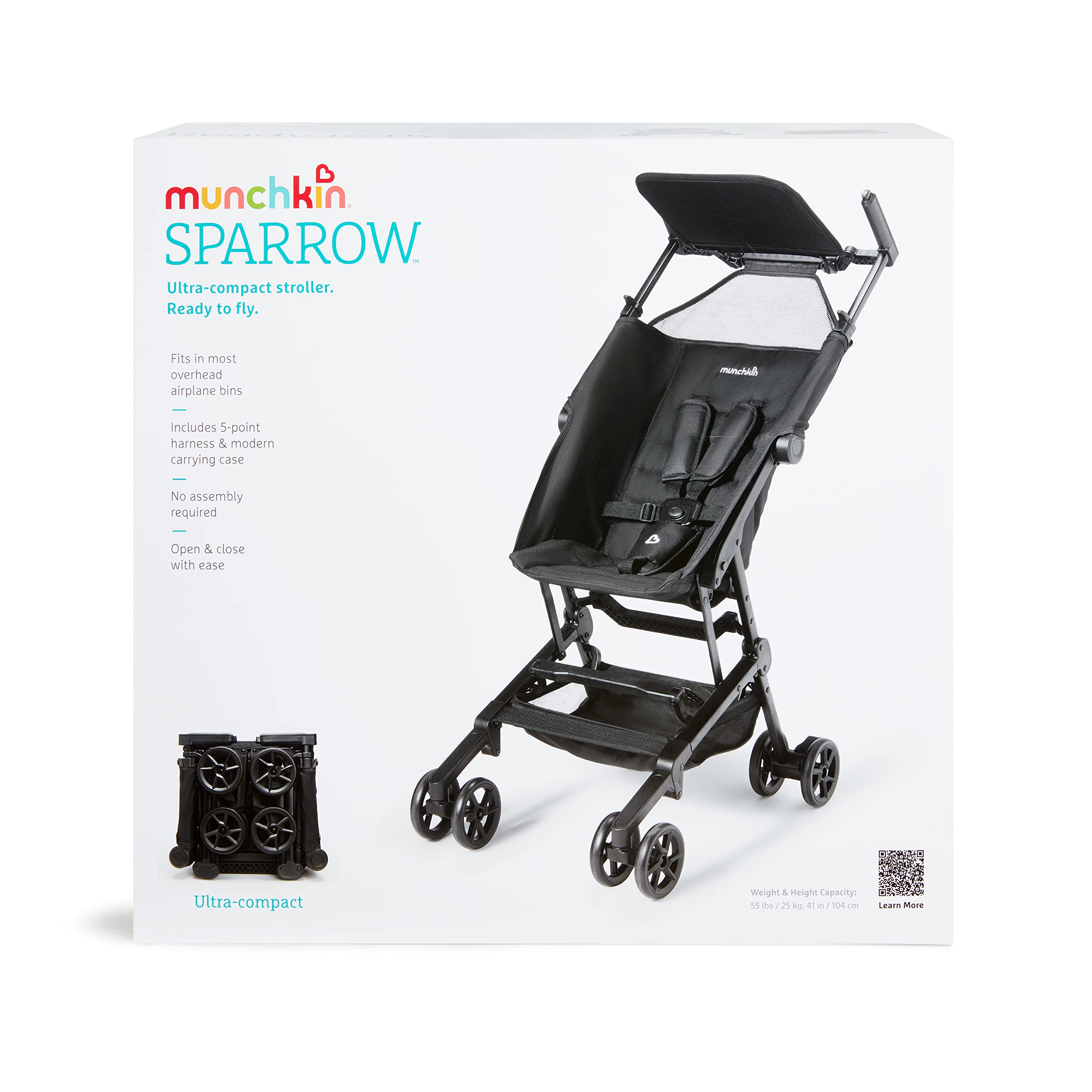 Munchkin Sparrow Ultra Compact Lightweight Travel Stroller for Babies & Toddlers with Organizer Bag - Black | Perfect for Air Travel, Shopping & Daily Outings