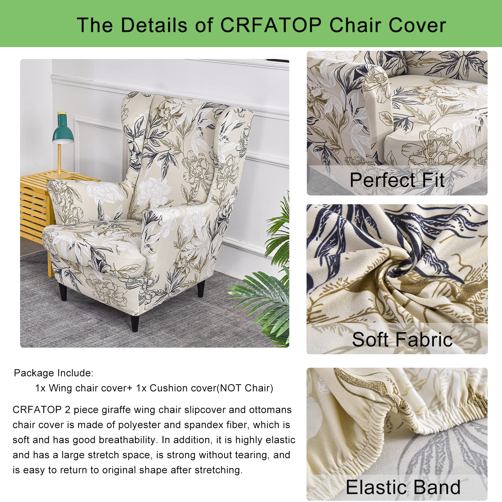 CRFATOP 2-Piece Stretch Wingback Chair Slipcovers - Printed Spandex Fabric with Elastic Bottom - Fits Most Wing Chairs (38