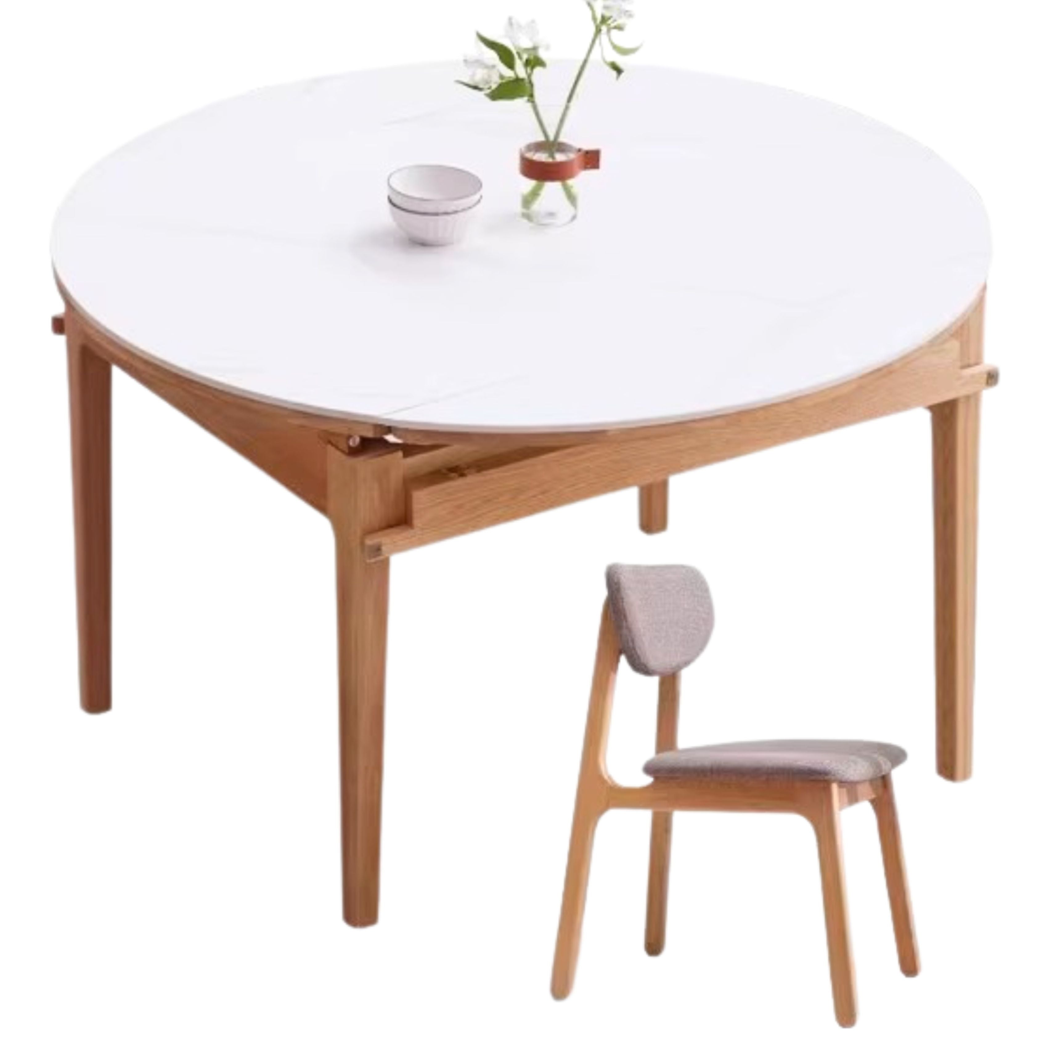 55.1x35.4-55.1x29.9 inch / 140x90сm - 140x76 cm  / Natural Wood Color / Folding round table + 4 dining chair