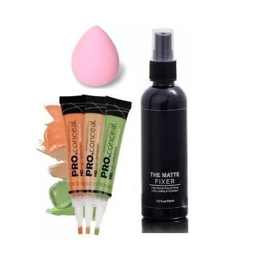 Plethora Pro HD Color Corrector Palette - Orange, Yellow, Green Concealer with Makeup Puff & Fixer - 5-Piece Face Makeup Combo Set for Dark Circles, Redness & Blemishes - Perfect for Contouring & Professional Makeup Looks
