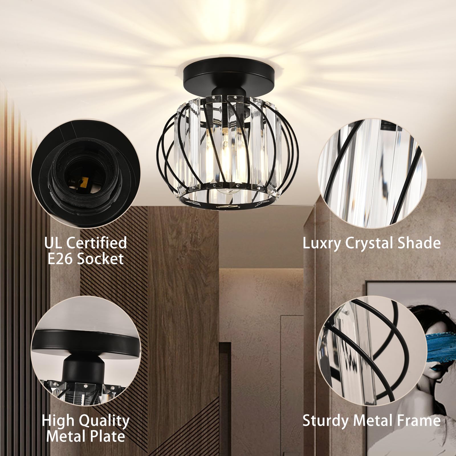Black Crystal Chandelier Ceiling Light - Modern Elegant Lighting Fixture for Kitchen, Dining Room, Living Room, Hallway, Entryway, Balcony, Bar & Farmhouse Decor | Perfect for Home, Restaurant & Commercial Spaces