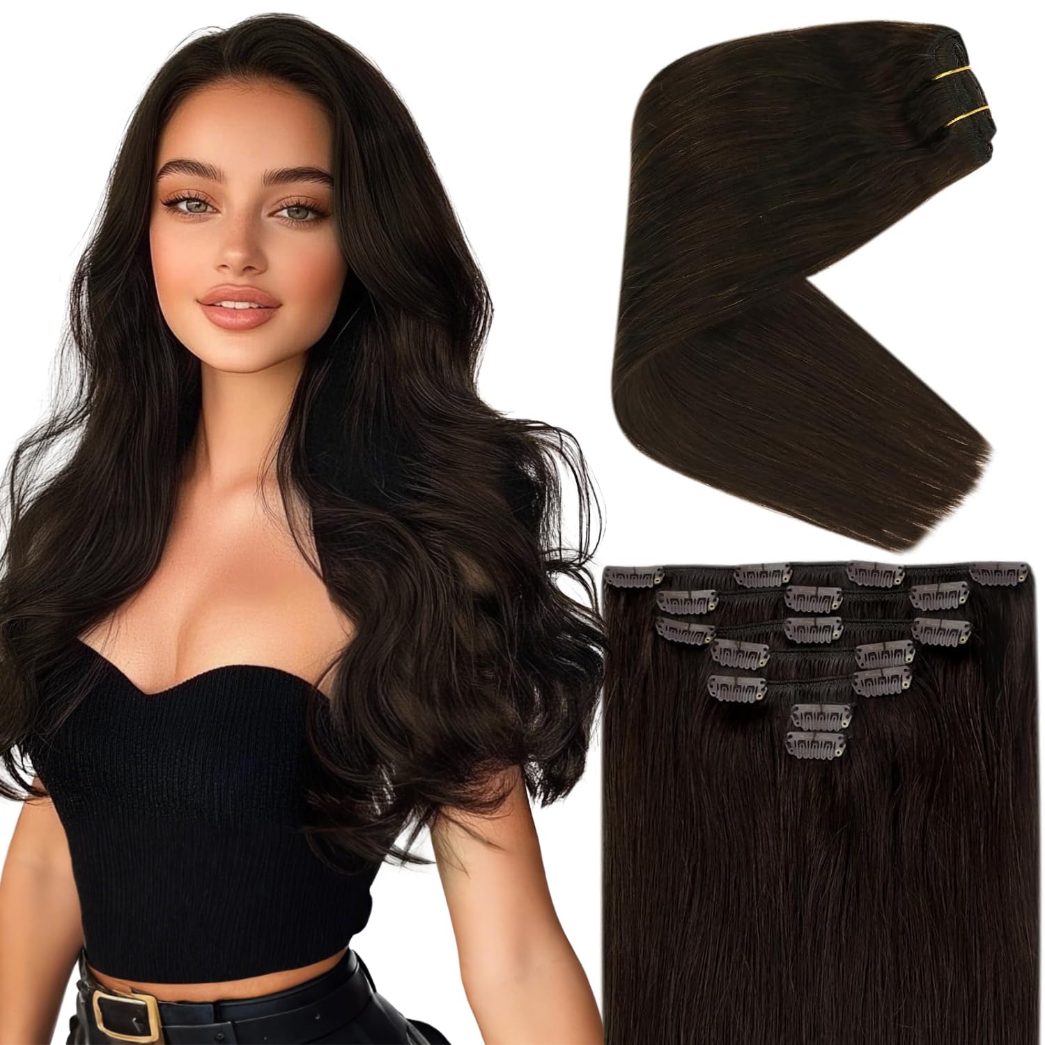 Ve Sunny Clip-in Human Hair Extensions Dark Brown 22inch 120g 7pcs - Remy Human Hair Weft for Wedding, Party & Daily Styling - Natural Looking Darkest Brown Hair Extensions for Volume & Length