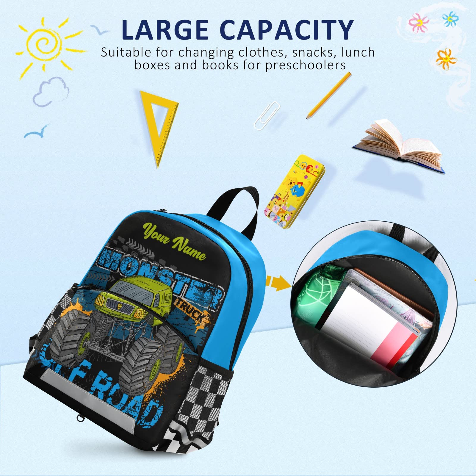 Kids Monster Truck Backpack - Personalized 13 Inch Toddler Backpack for Boys | School & Travel