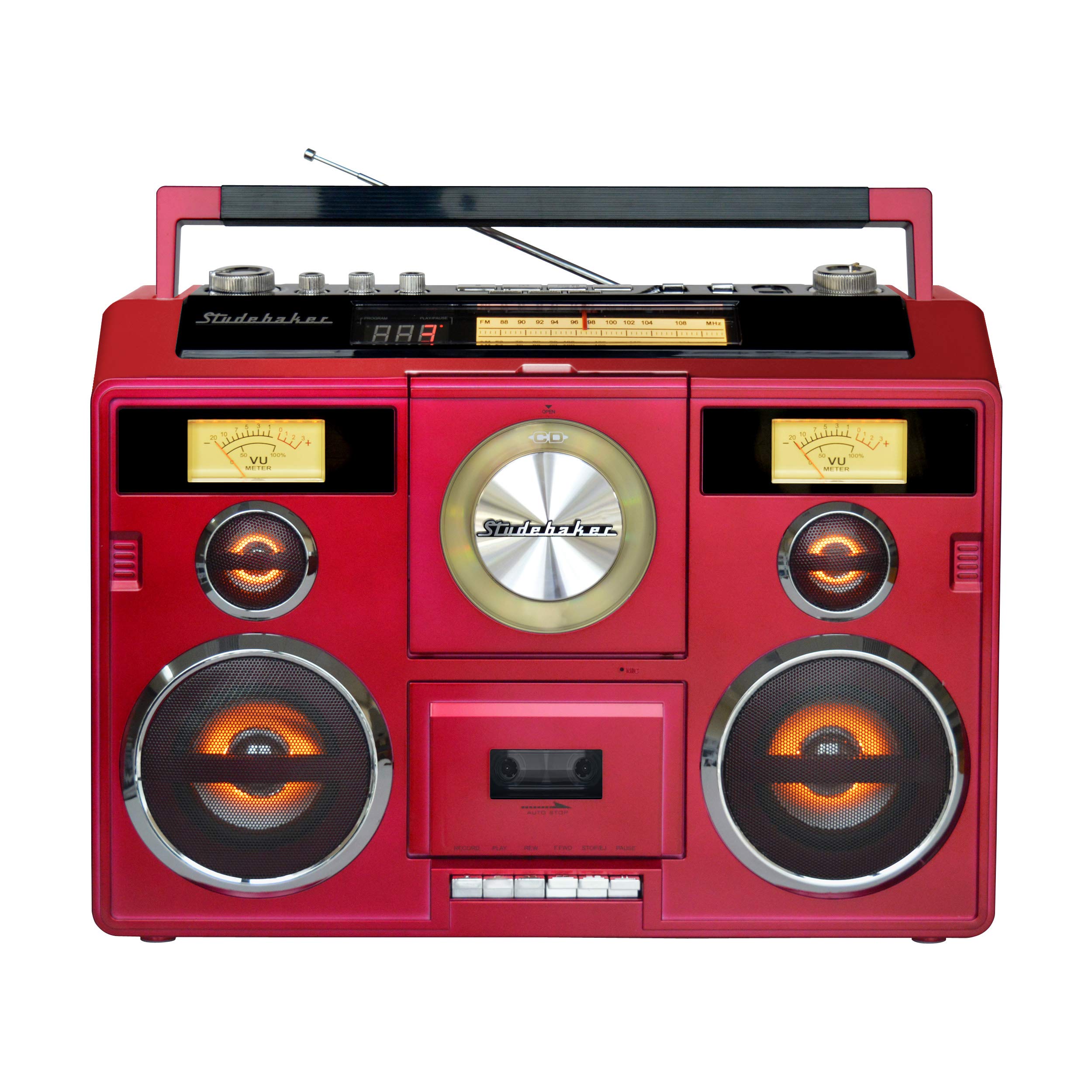 Portable Bluetooth Stereo System with CD Player, AM/FM Radio & Cassette Recorder - Red | Wireless Music Streaming for Home, Office & Outdoor Parties