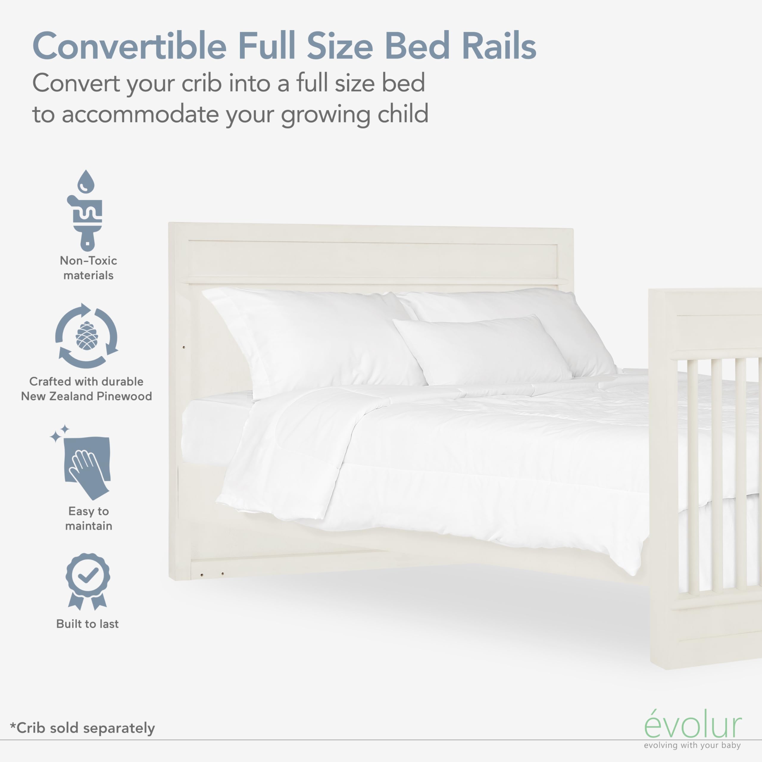 Evolur Convertible Wooden Crib to Full Size Bed with Safety Rail - Vanilla Bean Finish | Perfect for Nursery, Toddler Room & Growing Kids