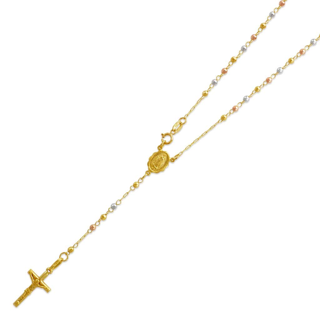 14K Gold Rosary Chain Necklace for Women & Men - Shiny Yellow Tricolor Pendant, Flawless Jewelry Gift - 16 to 24 Inches Length, 2.5MM Wide - Perfect for Religious Occasions, Daily Wear & Special Gifts