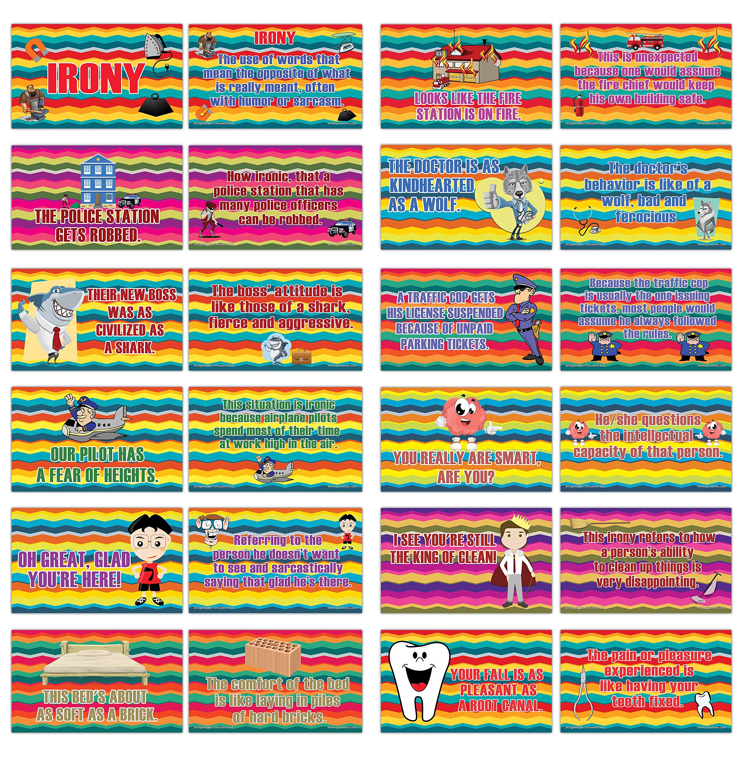 Creanoso English Learning Irony Educational Flash Cards (24 Cards) – Unique Gift Set for Boys & Girls – Perfect for Classroom Teaching & Stocking Stuffers – Great for ESL Students, Homeschooling & Language Learning Activities