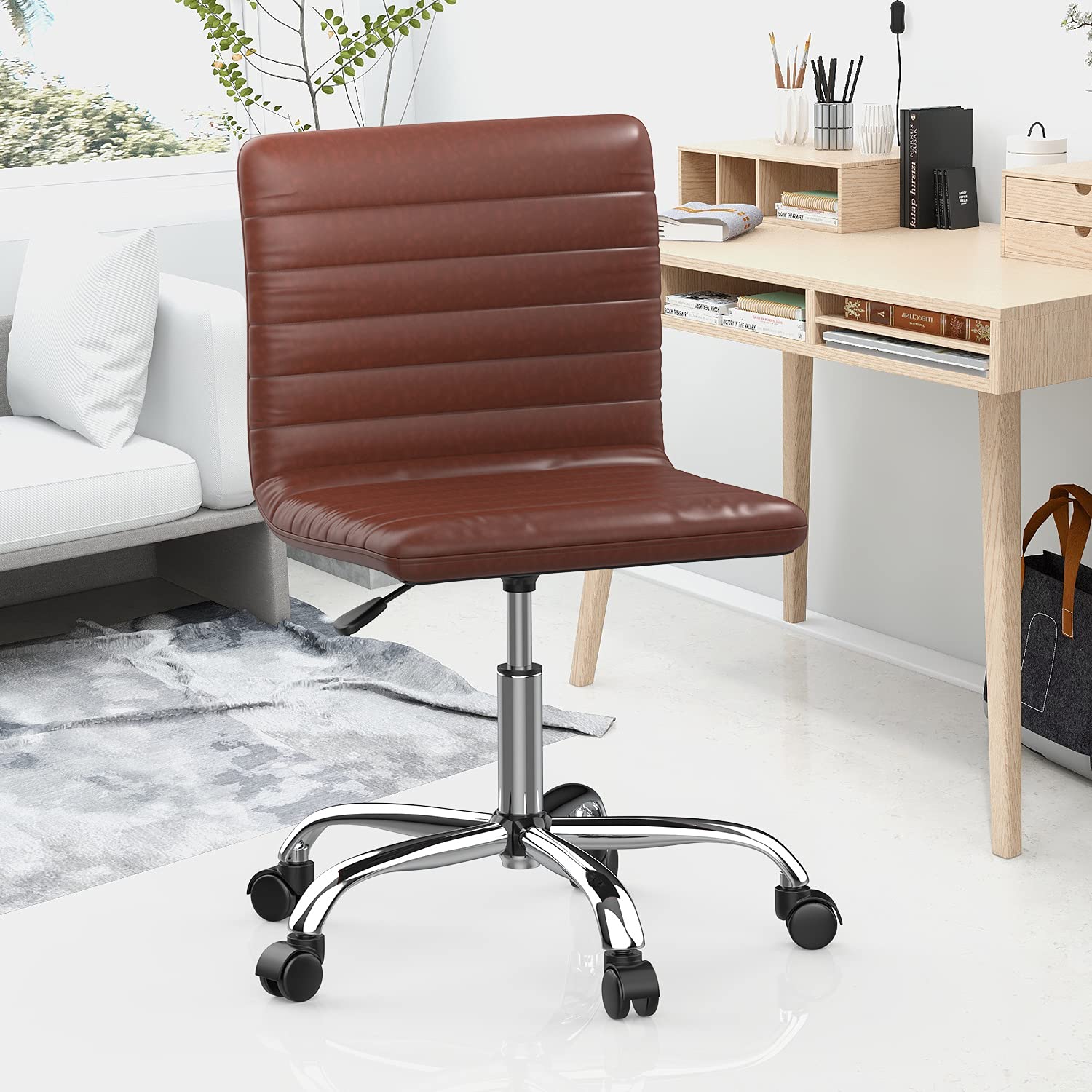Ergonomic Armless Leather Swivel Office Chair - Mid Back Ribbed Task Chair for Home & Office - Adjustable White Desk Chair for Adults & Kids - Perfect for Workstations, Vanity Desks & Study Areas (Brown)