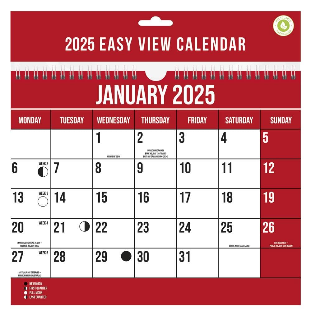 2025 Spiral Bound Wall Calendar - Monthly View Planner for Home, Office & School (Jan-Dec 2025) | Red & Black Design | Perfect for Scheduling, Organization & Productivity