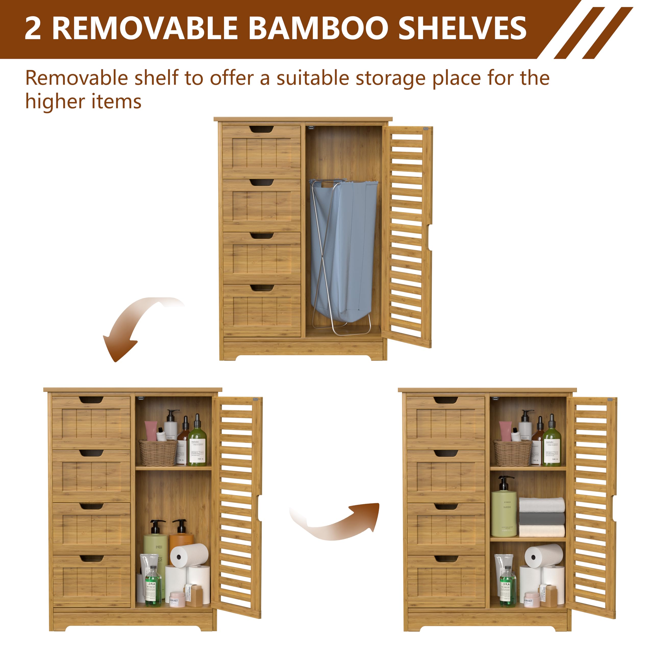 Bamboo Bathroom Storage Cabinet with 4 Drawers & 2 Removable Shelves - Freestanding Floor Cabinet for Bathroom, Living Room, Bedroom Organization - Perfect for Small Spaces, Towel & Toiletry Storage