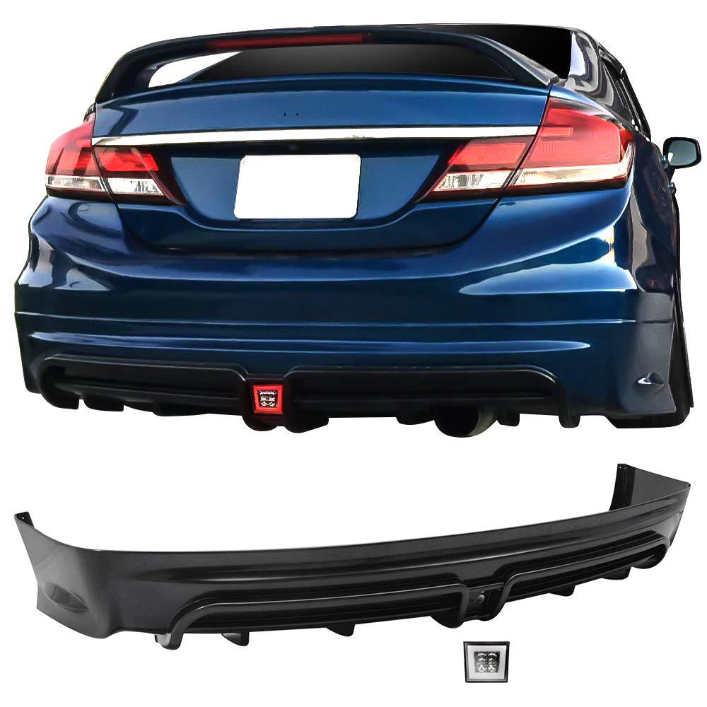 IKON MOTORSPORTS Rear Bumper Lip Spoiler & Clear Tail Lights for 2013-2015 Honda Civic Sedan - ABS Plastic Brake Light Compatible with 4 Door Models | Upgrade Your Car's Rear Style & Visibility