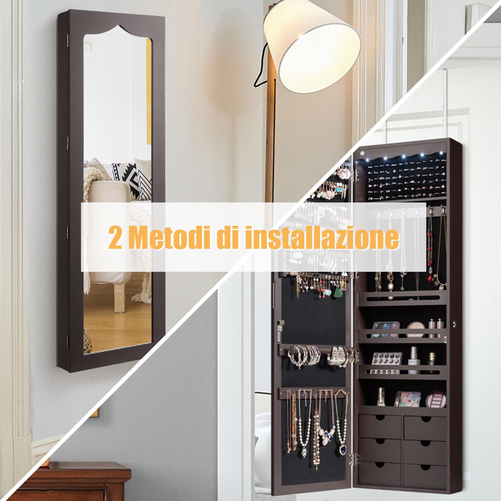 COSTWAY Jewelry Organizer with Mirror - 6 Drawers, 5 LED Lights, Lockable Storage Cabinet for Wall or Door Mount - Perfect for Bedroom, Closet & Vanity (Brown)