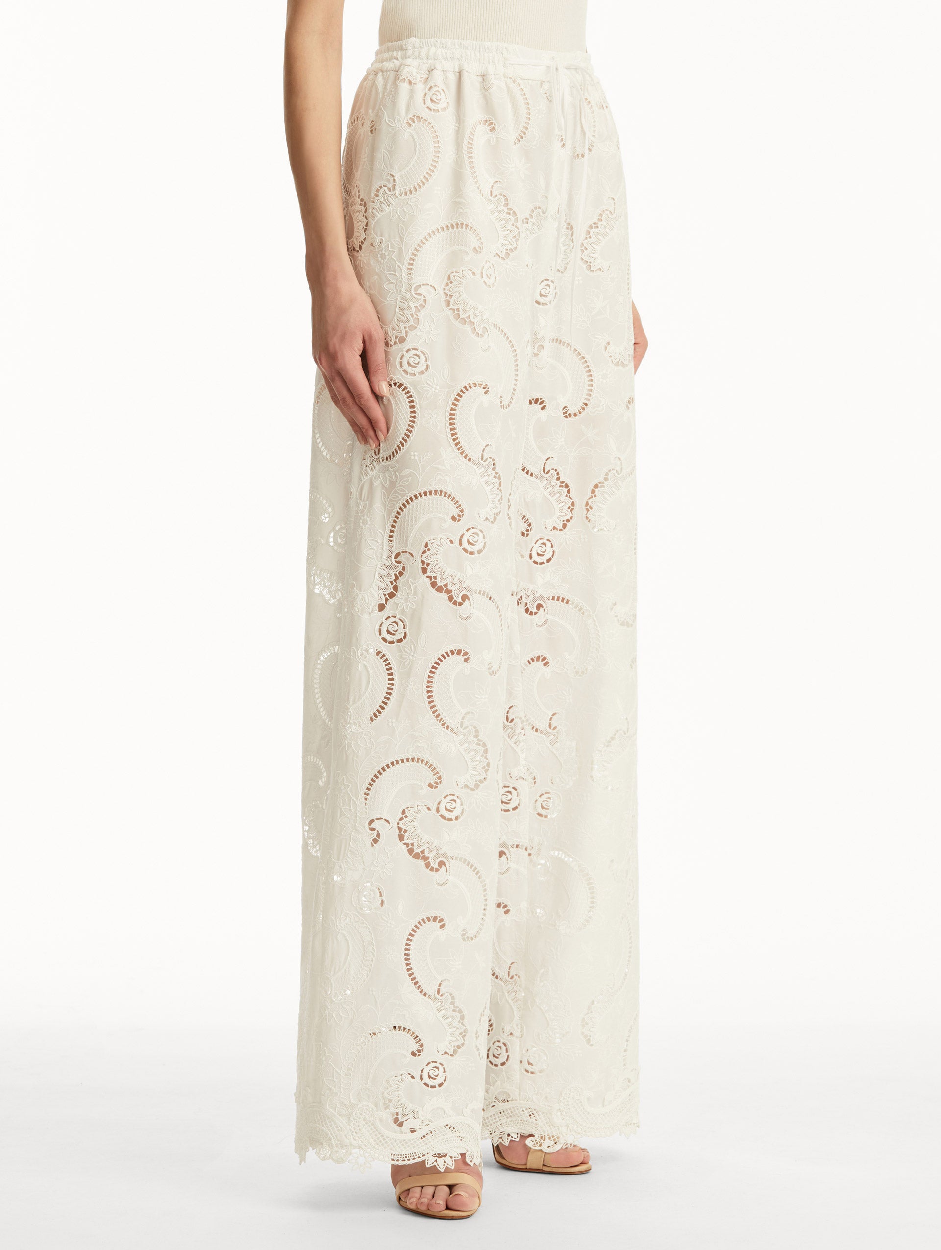 Elegant Scroll Guipure Wide Leg Pants for Women - High Waist Flowy Palazzo Trousers - Perfect for Office, Party & Special Occasions