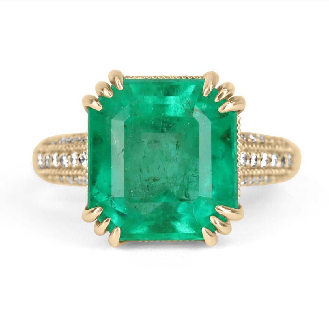 7.42tcw Emerald Solitaire Ring with Diamond Accents in 18K Gold - Elegant Statement Jewelry for Weddings, Parties & Special Occasions