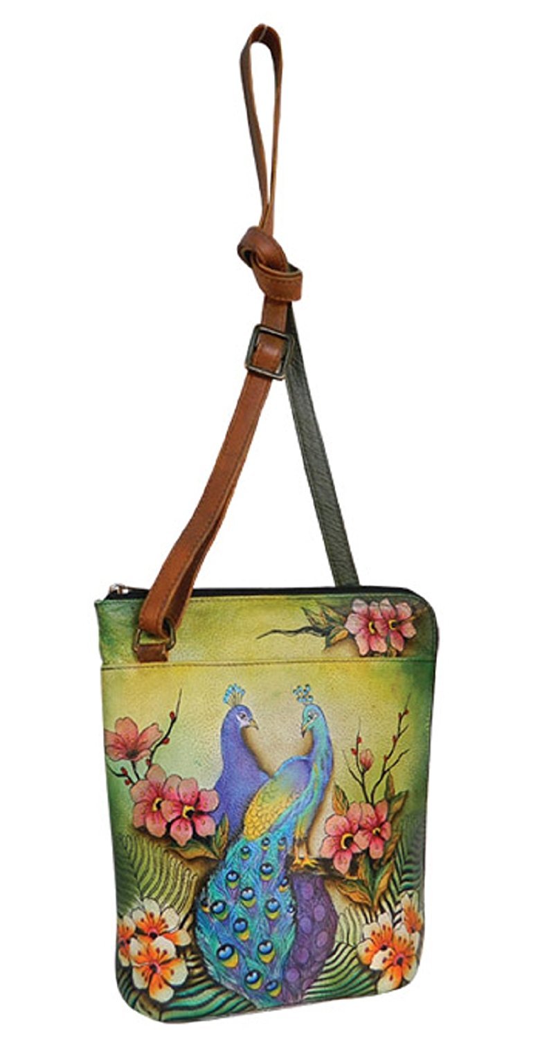Anuschka Hand Painted Genuine Leather Crossbody Bag - Travel Organizer Purse with RFID Protection (Passionate Peacock Design) - Perfect for Women's Daily Use, Vacation & Business Trips