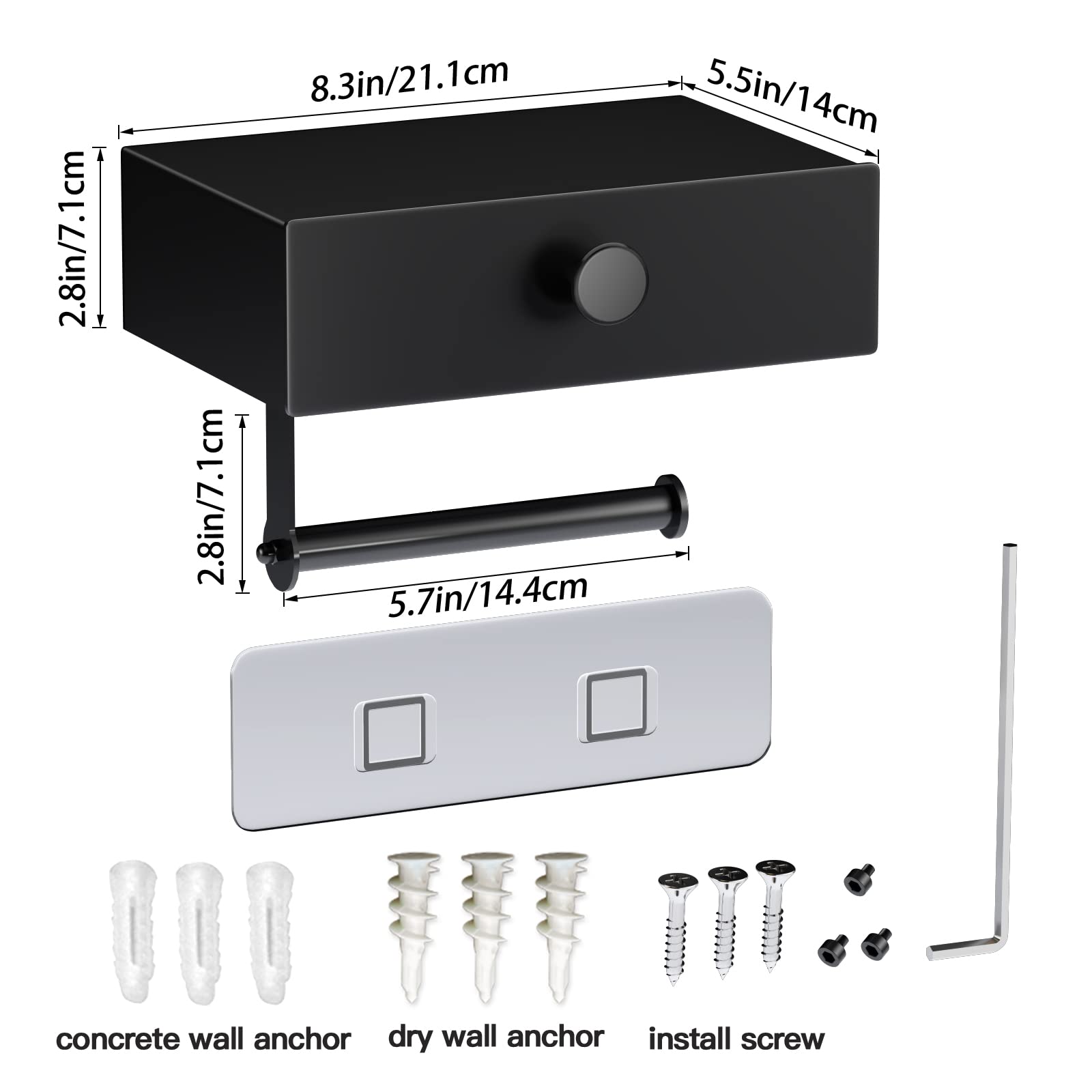 VOLDRA Black Wall Mount Toilet Paper Holder with Shelf & Wipes Dispenser - Space Saving Bathroom Storage Organizer with Upgrade Drawer Design, Adhesive Mount for Small Bathrooms (Perfect for Compact Bathrooms, RVs & Apartments)