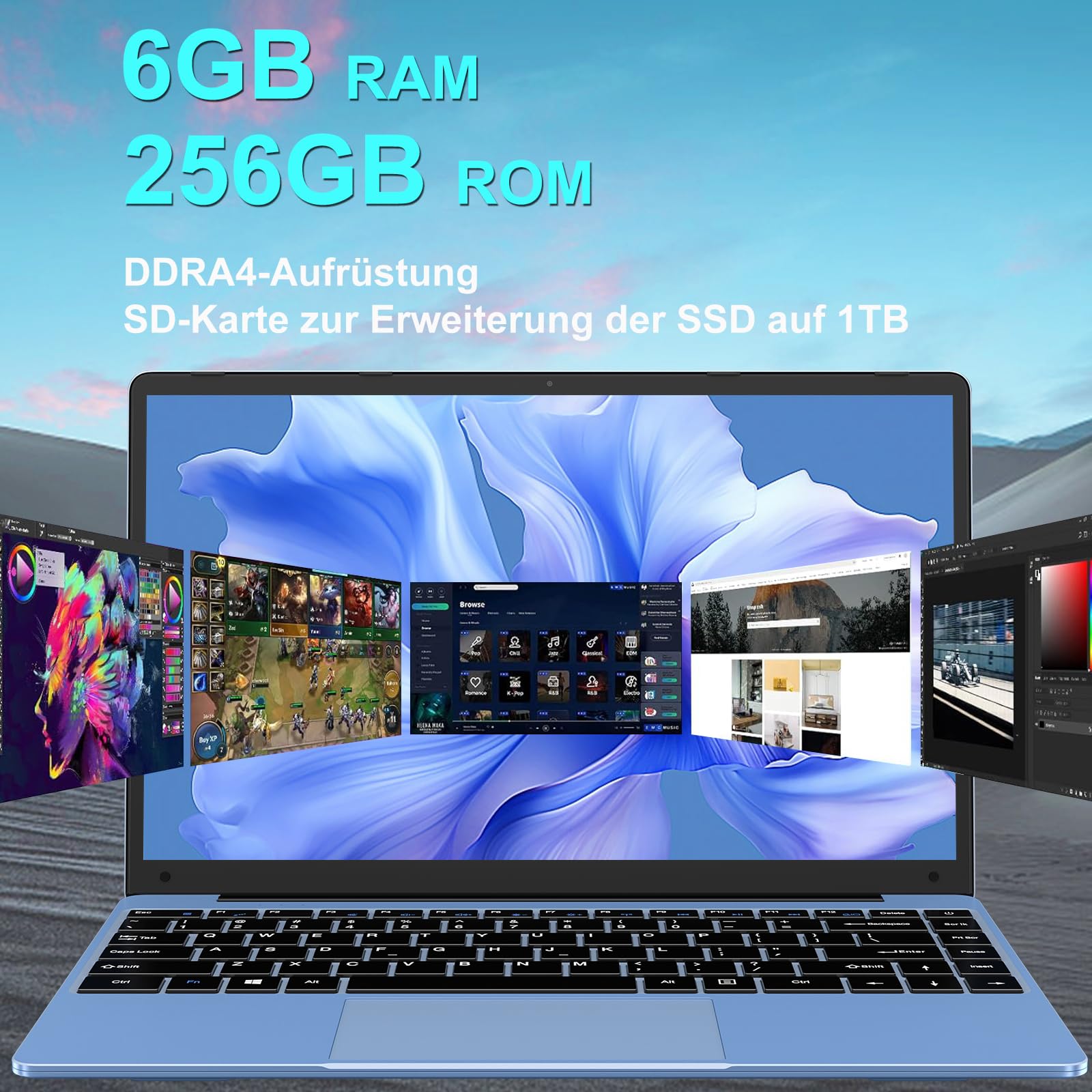AOCWEI 14 Inch Laptop with Intel Celeron N4020 Processor (Up to 2.8GHz), Windows 11, 5G WiFi 6, 256GB SSD + Expandable 1TB Storage, 1920x1080 FHD Display, Bluetooth 4.2, Mini Multimedia Port - German Keyboard (Blue) | Perfect for Home Office, Online Learning & Business Travel
