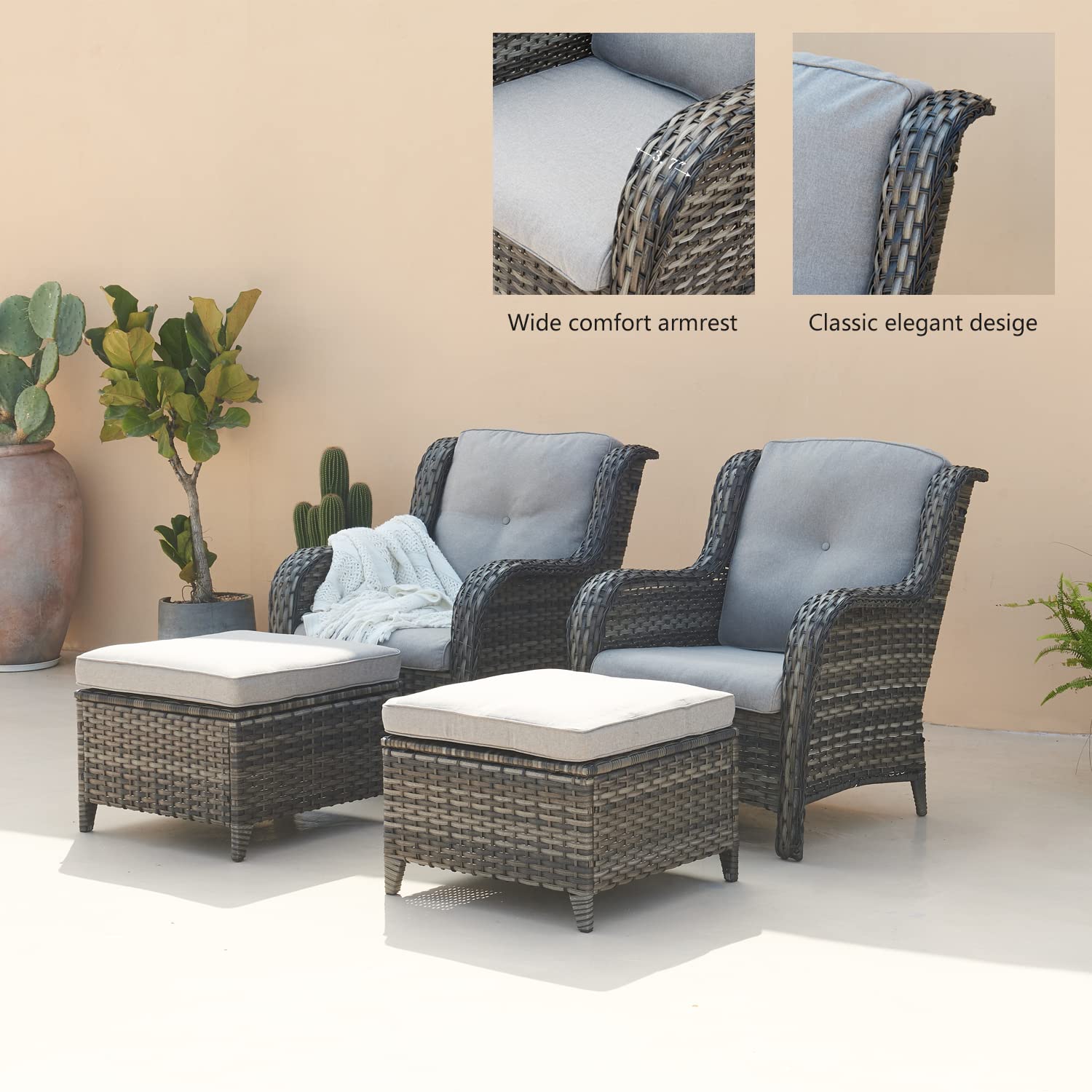 5-Piece Outdoor Patio Wicker Furniture Set - Rattan Sectional Sofa with 3-Seat Couch, 2 Armchairs & 2 Ottoman Footrests - Grey/Grey Mix - Perfect for Garden, Backyard, Poolside & Outdoor Conversation Areas