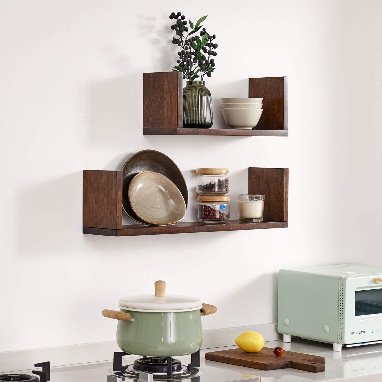 HOMWOO Floating Bookshelf - Natural Solid Wood U-Shaped Wall Shelf for Living Room, Bedroom, Office - FAS Grade Walnut Wood - Space Saving Storage Solution for Books, Decor & Essentials