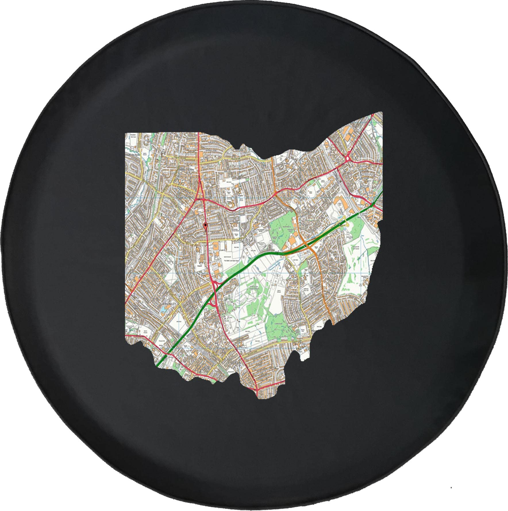 OhioStreets Travel Map Black 32 Inch Spare Tire Cover - Durable & Waterproof for SUVs, Trucks, RVs - Perfect for Road Trips & Outdoor Adventures