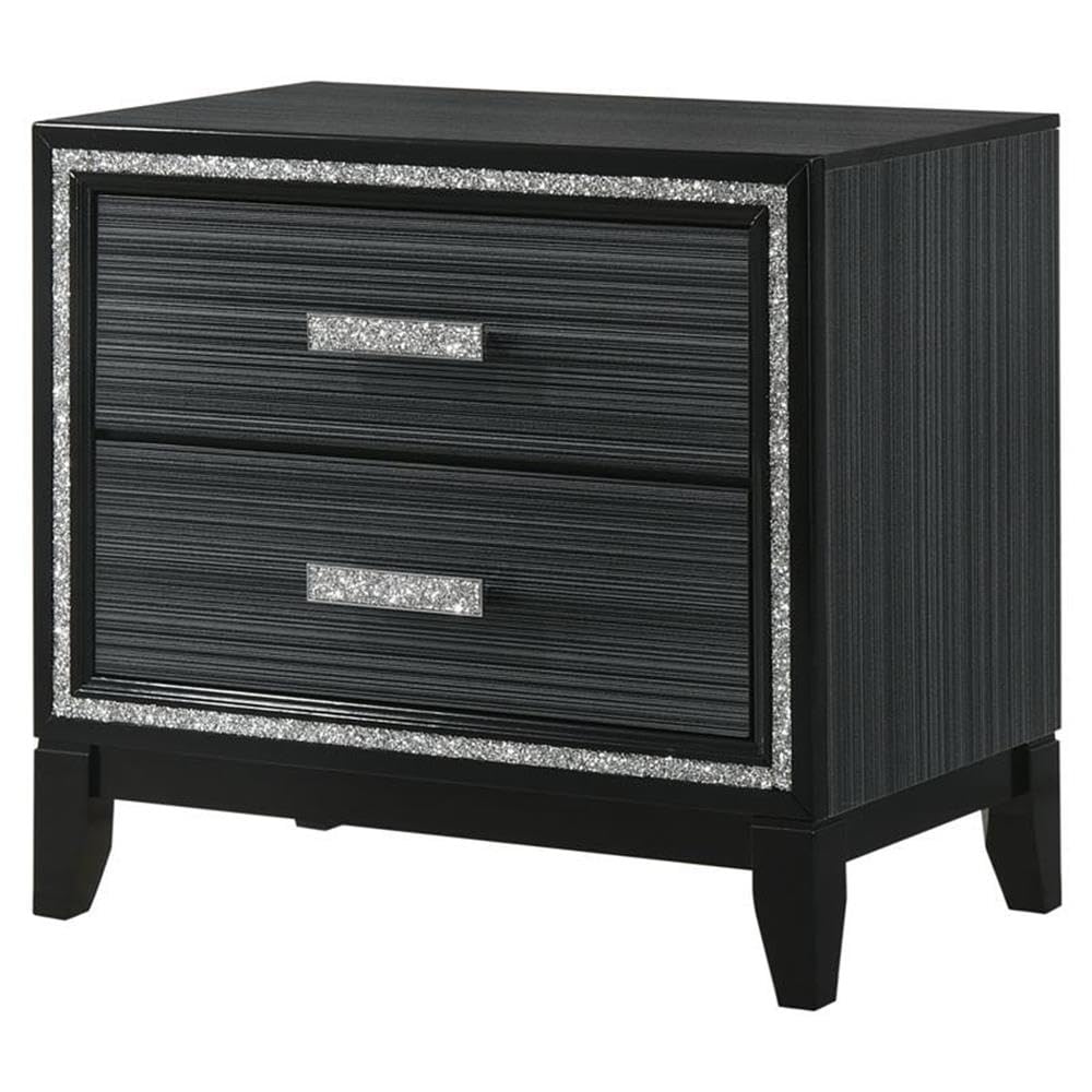 Acme Haiden Wooden 2-Drawer Nightstand with Silver Trim in Weathered Black - Modern Bedside Table for Bedroom, Living Room & Guest Room