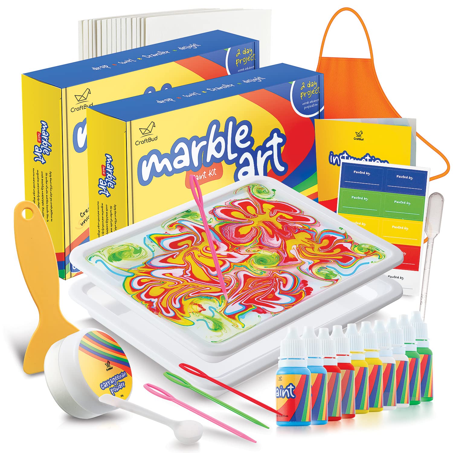 CraftBud Marbling Paint Kit for Kids - 10 Vibrant Paint Colors, Water Art Set with Guide Book, 2 Aprons, Stickers, Mixing Spoons & Trays - Perfect Gift for Boys & Girls Ages 6-12 - Fun DIY Art Projects for Home, School & Birthday Parties