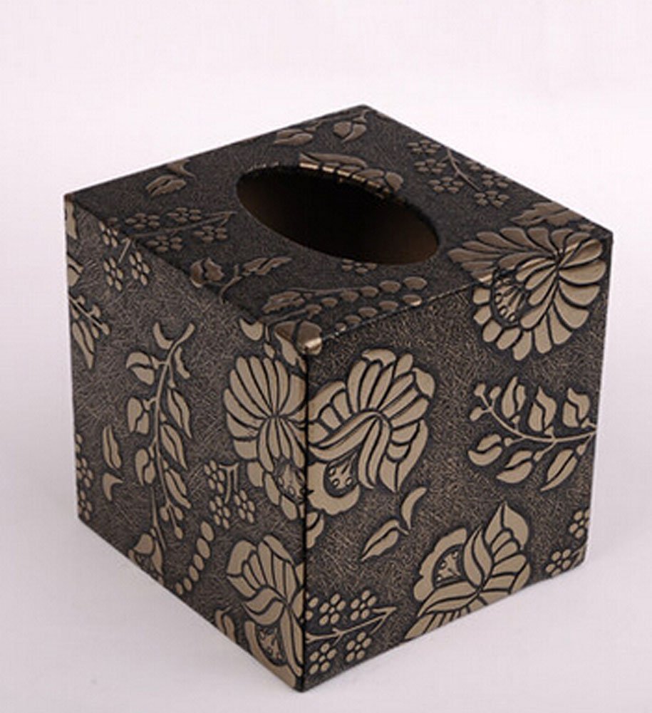 Premium Leather Tissue Box Cover - Square Design for Living Room & Office Decor - Elegant Gold Chrysanthemum Pattern - Perfect for Home, Office, and Gift Giving