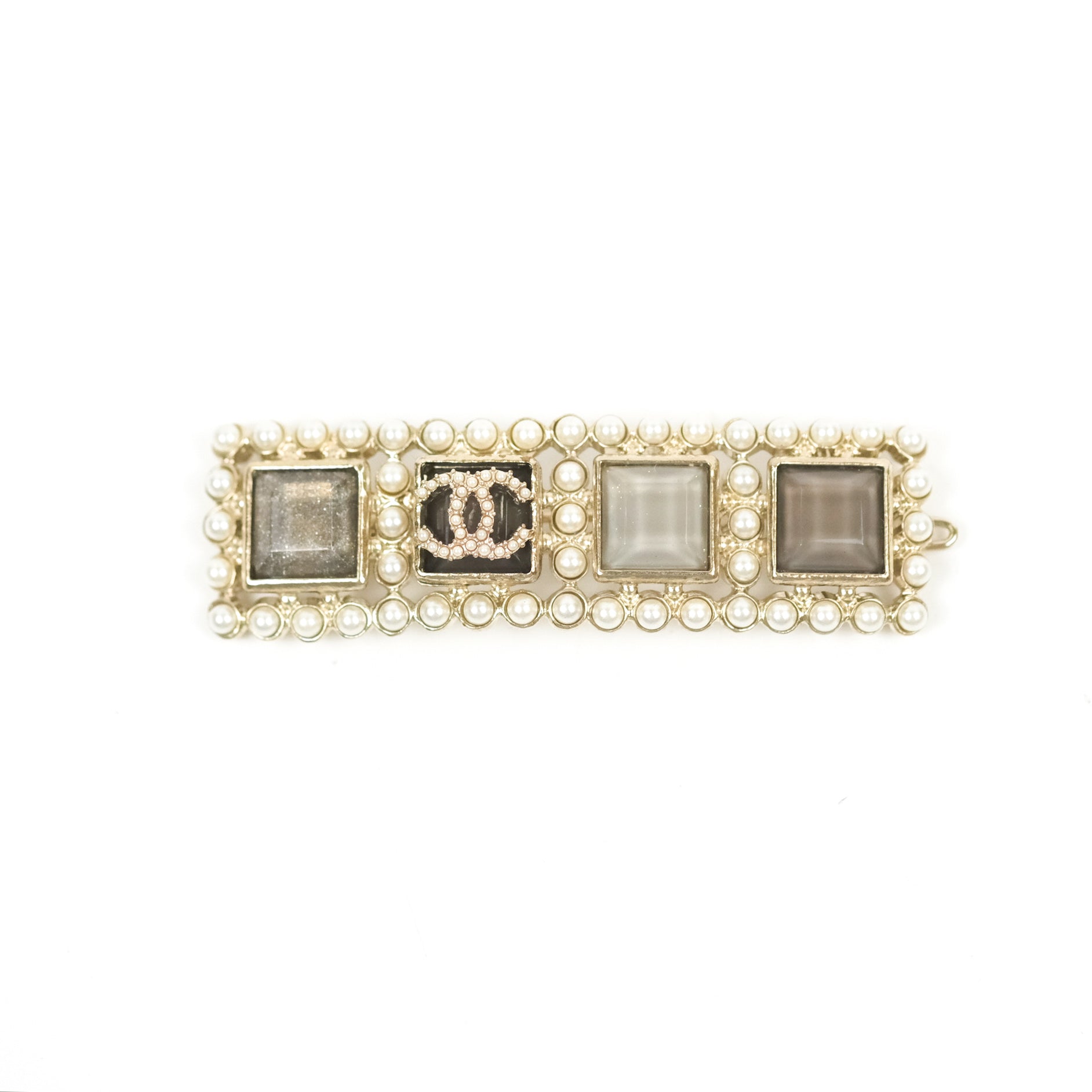 Chanel CC Pearl Grey Square Resin Hair Clip with Gold Tone 21V - Elegant Hair Accessory for Women, Perfect for Weddings, Parties & Everyday Style