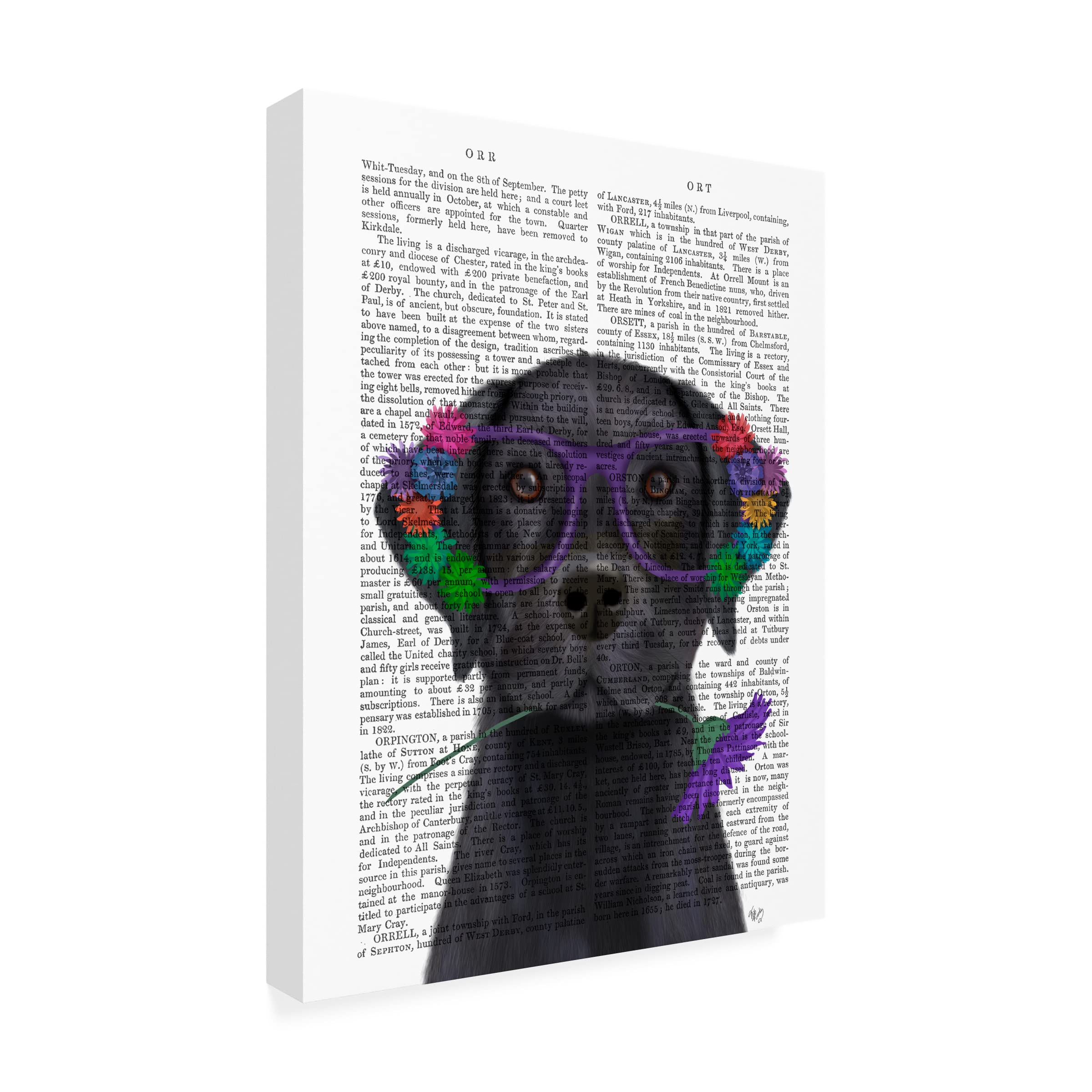 Fab Funky 'Black Labrador and Flower Glasses Book Print' Canvas Wall Art - Perfect for Living Room, Bedroom & Office Decor