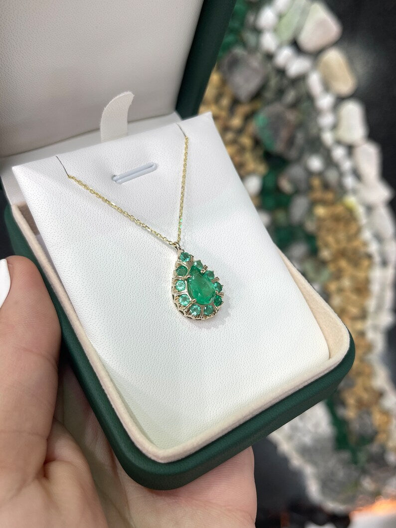 2.68tcw 14K Gold Colombian Emerald Pear & Round Cut Multi Gemstone Prong Pendant Necklace for Women - Elegant Jewelry Gift for Birthday, Anniversary & Special Occasions