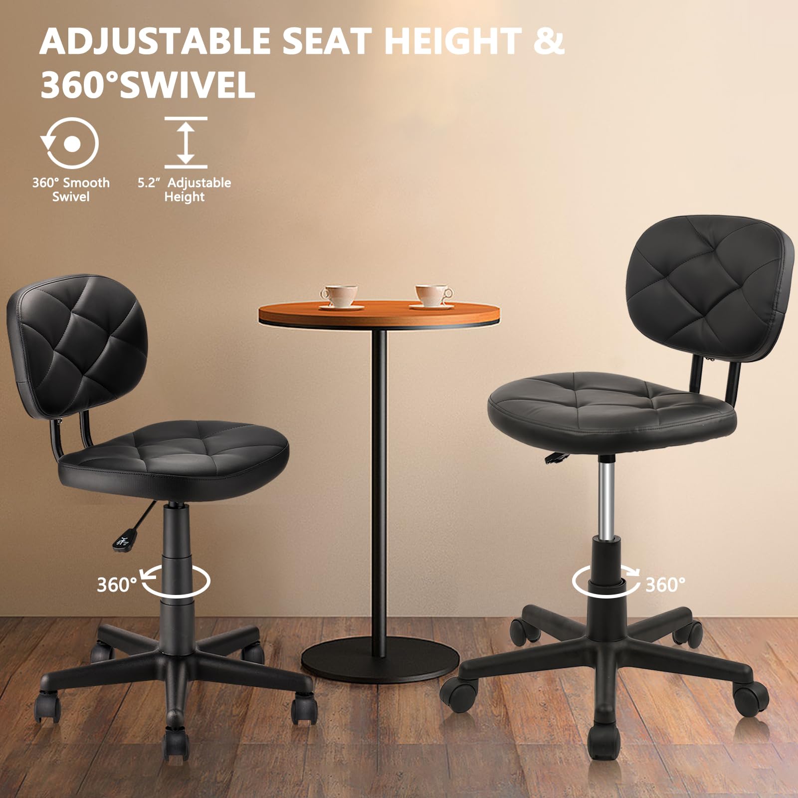 Adjustable Height Rolling Stool Chair with PU Leather Backrest - 4 Pack Ergonomic Office Chair for Standing Desk, Computer Work, Salon, Kitchen & Home Use