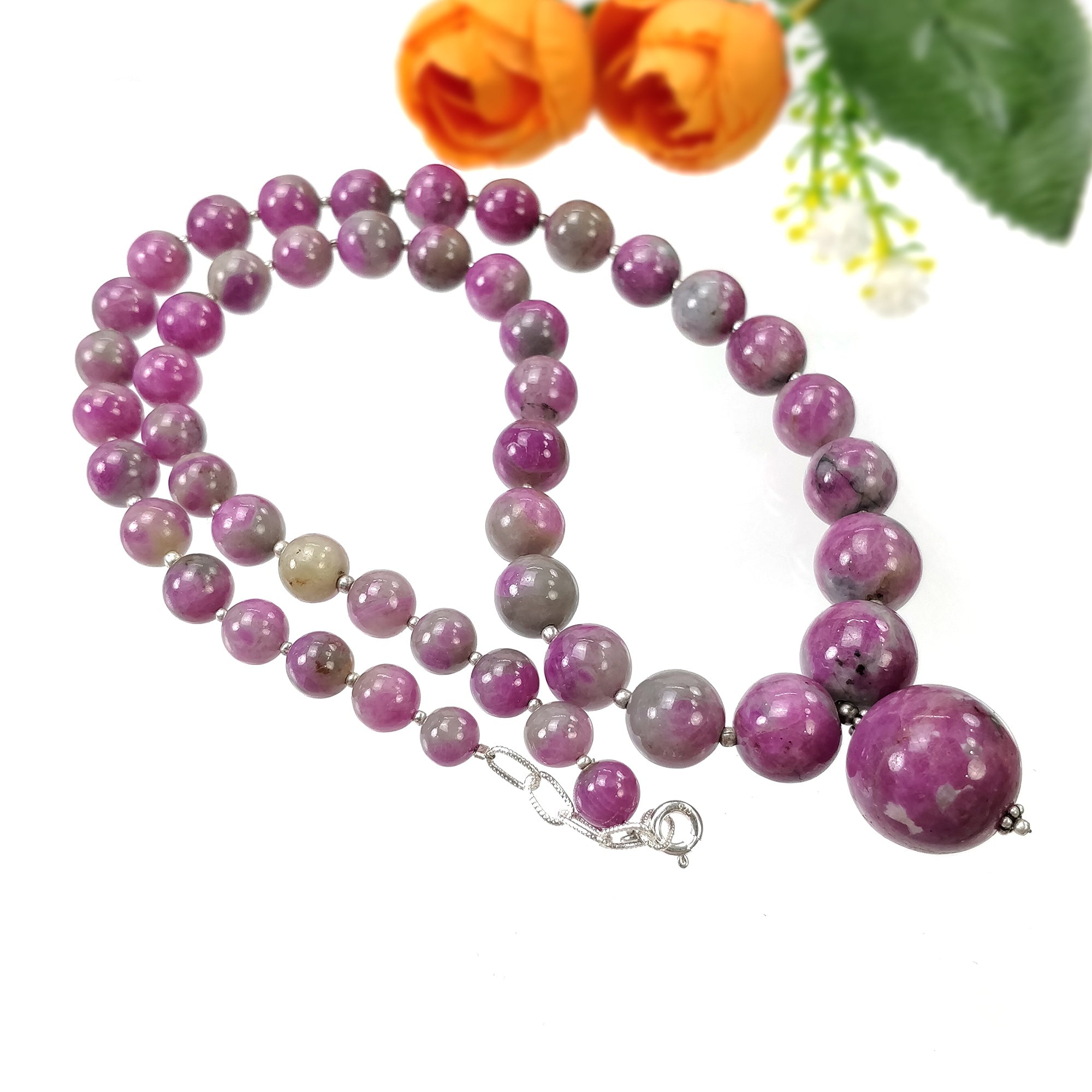 Natural Untreated Bi-Color Zoisite Ruby Gemstone Necklace - 437.35cts Genuine Ruby Balls with 925 Sterling Silver (7.5mm-21mm) | Elegant Jewelry for Women, Perfect for Weddings, Parties & Special Occasions