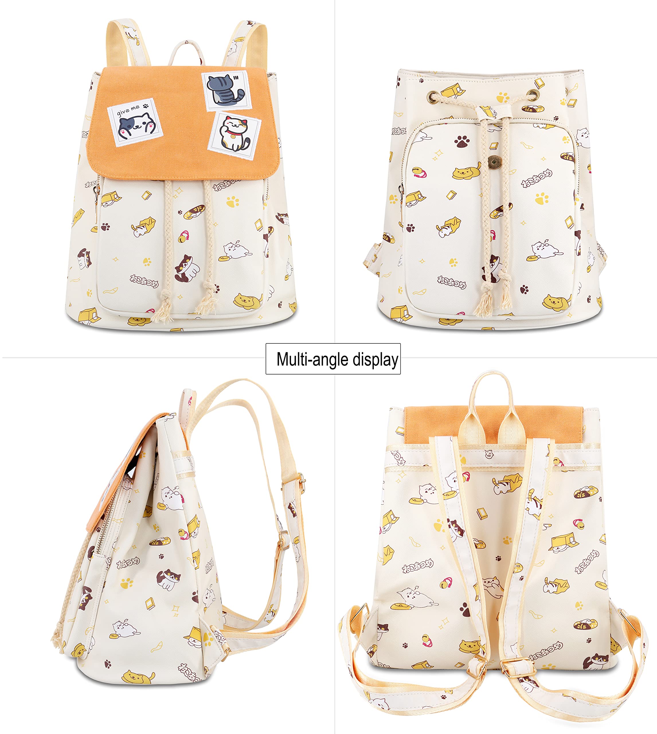 Cute Anime Neko Atsume Cat Backpack for Women - Flap Canvas Drawstring Daypack - Perfect for School, Travel & Cosplay | Roffatide