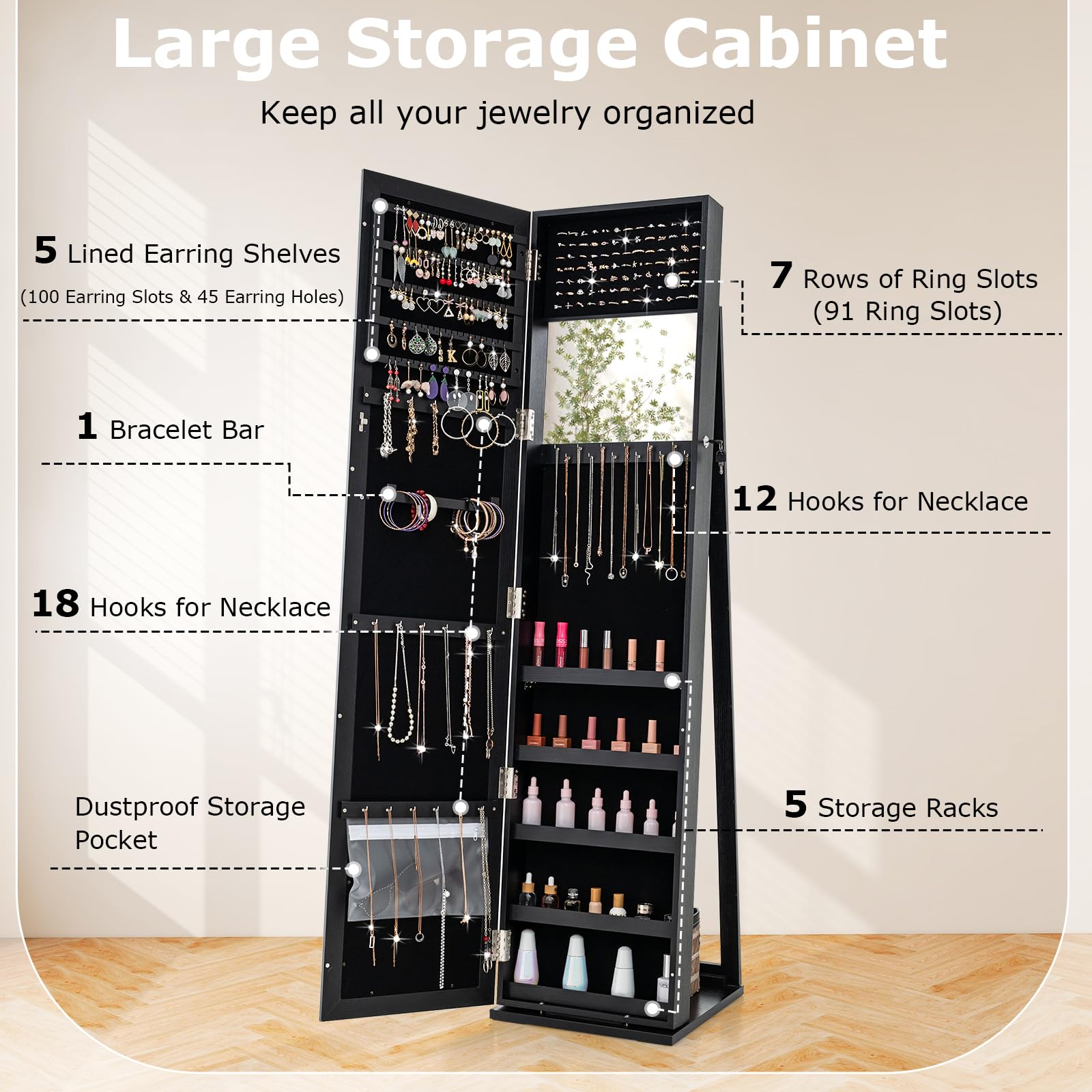Charmaid Jewelry Armoire Cabinet with Full-Length Mirror - 62