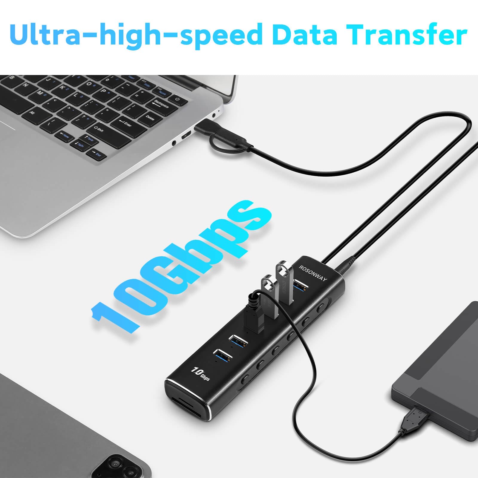 Rosonway 8-Port USB 3.2 Hub with USB-C | 10Gbps High-Speed Data Transfer | SD/TF Card Reader | 3.3ft Cable & 12V/2A Power Adapter | Aluminum USB Expander for Laptop, PC, MacBook | Perfect for Home Office, Gaming & Multi-Device Charging RSH-A107D