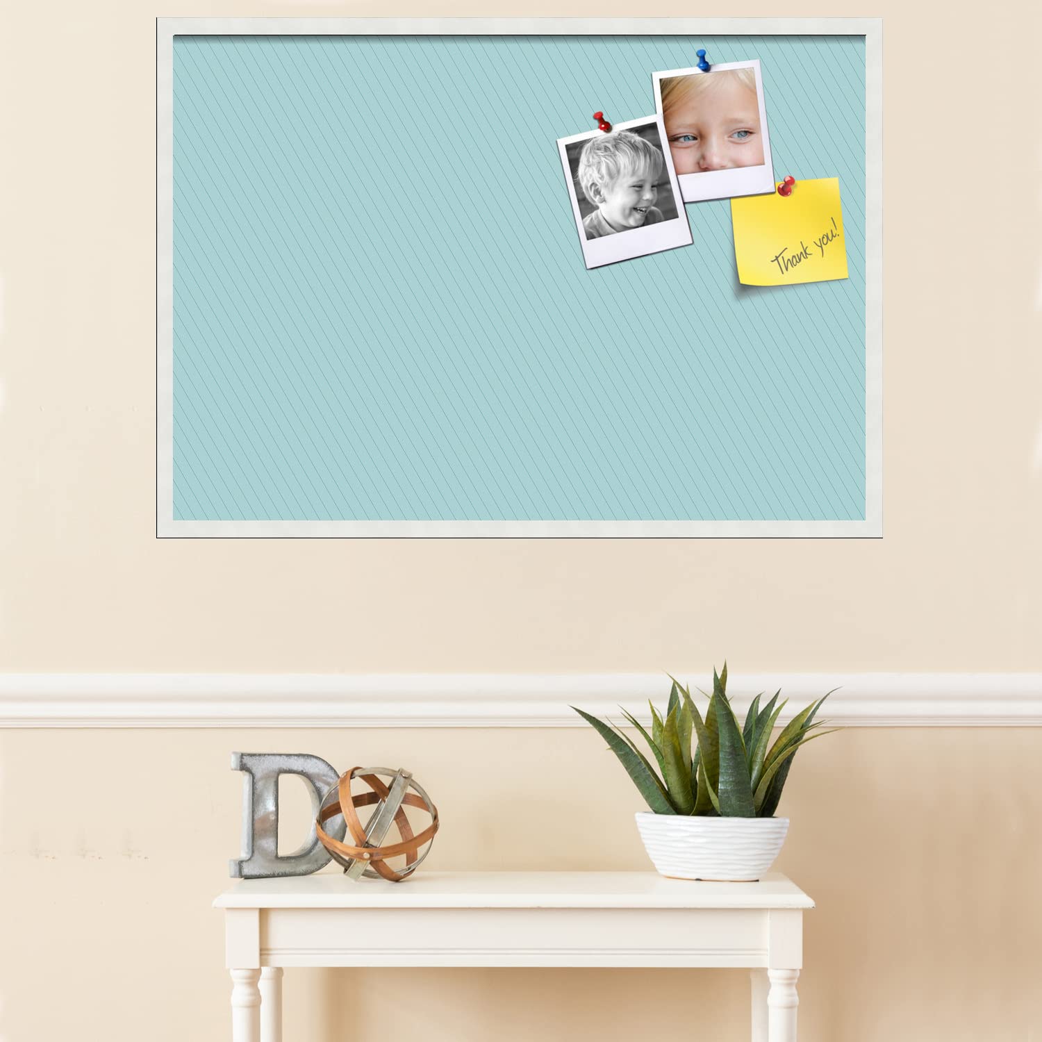 PinPix 40x28 Inch Cork Bulletin Board - Decorative Framed Pin Board with Lux Stripes Aqua Design & Satin White Frame - Perfect for Home Office Decor, School Classroom, Dorm Room Organization & Wall Memo Display