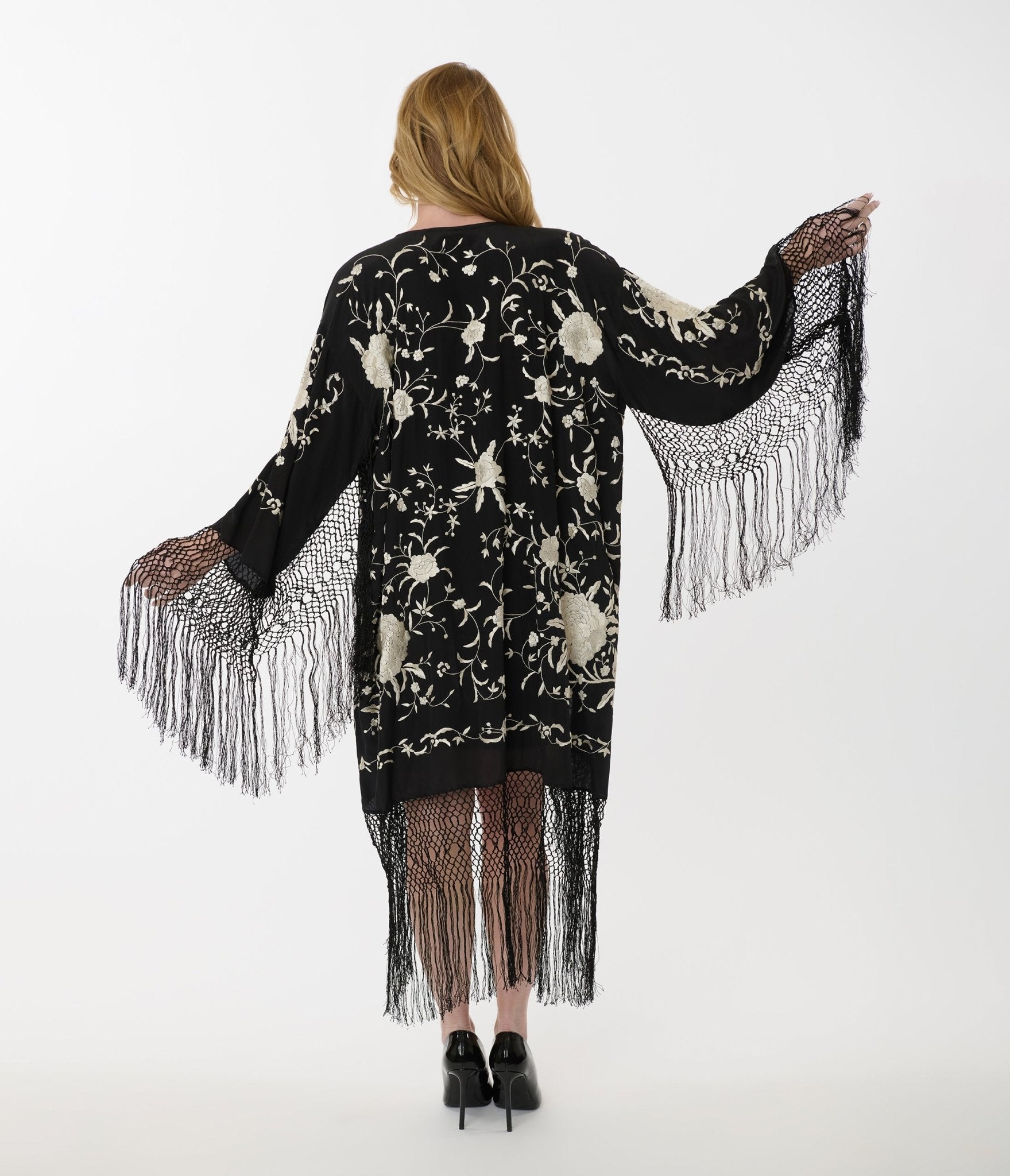 1920s Vintage Black Silk Scarf with Cream Floral Embroidery & Fringe - Elegant Shawl Wrap for Evening Dresses, Weddings & Gatsby-Themed Parties