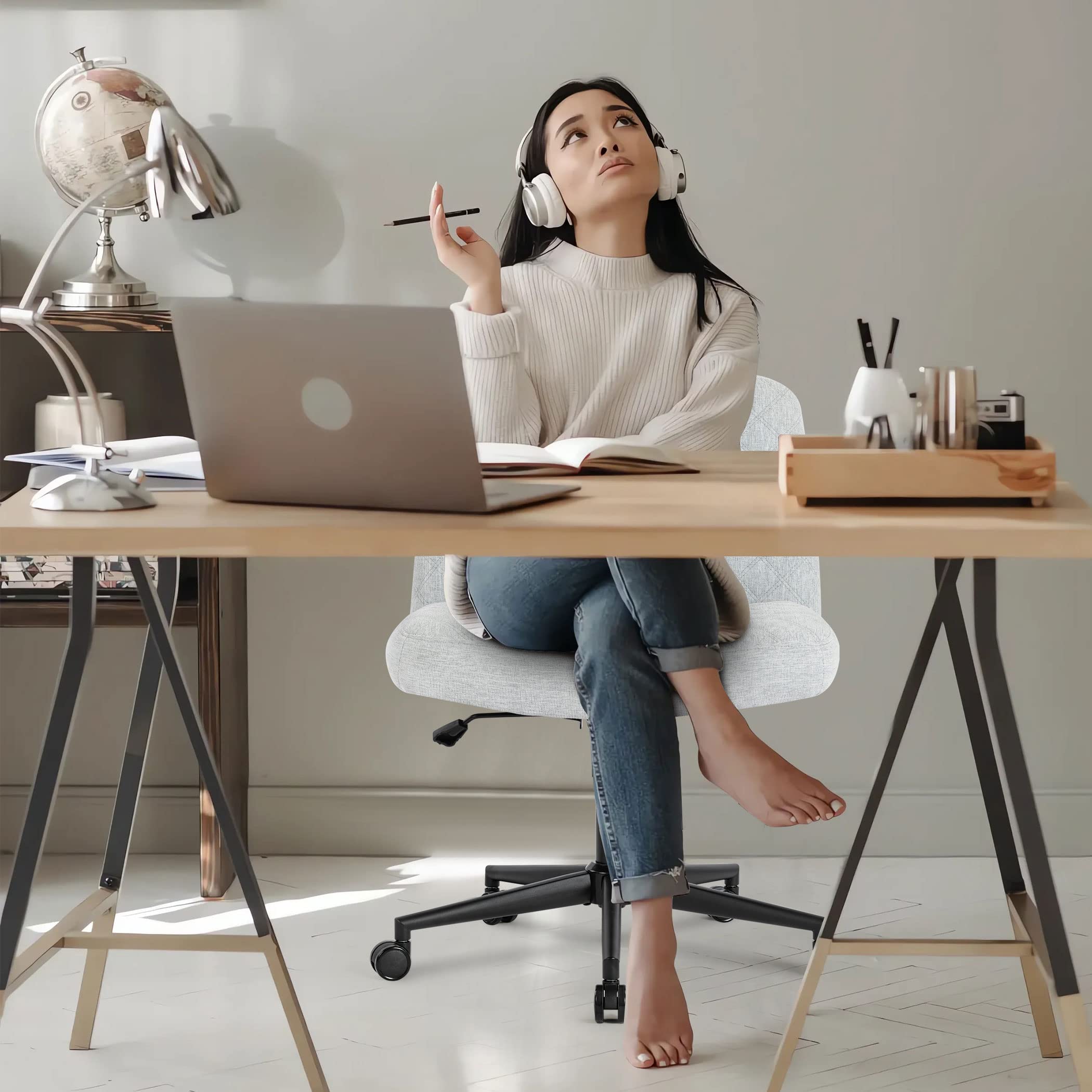 Ergonomic Armless Fabric Office Chair with Wheels - 120° Rocking Swivel Computer Desk Chair, Thick Padded Seat Modern Task Chair for Home Office, Study & Vanity Use