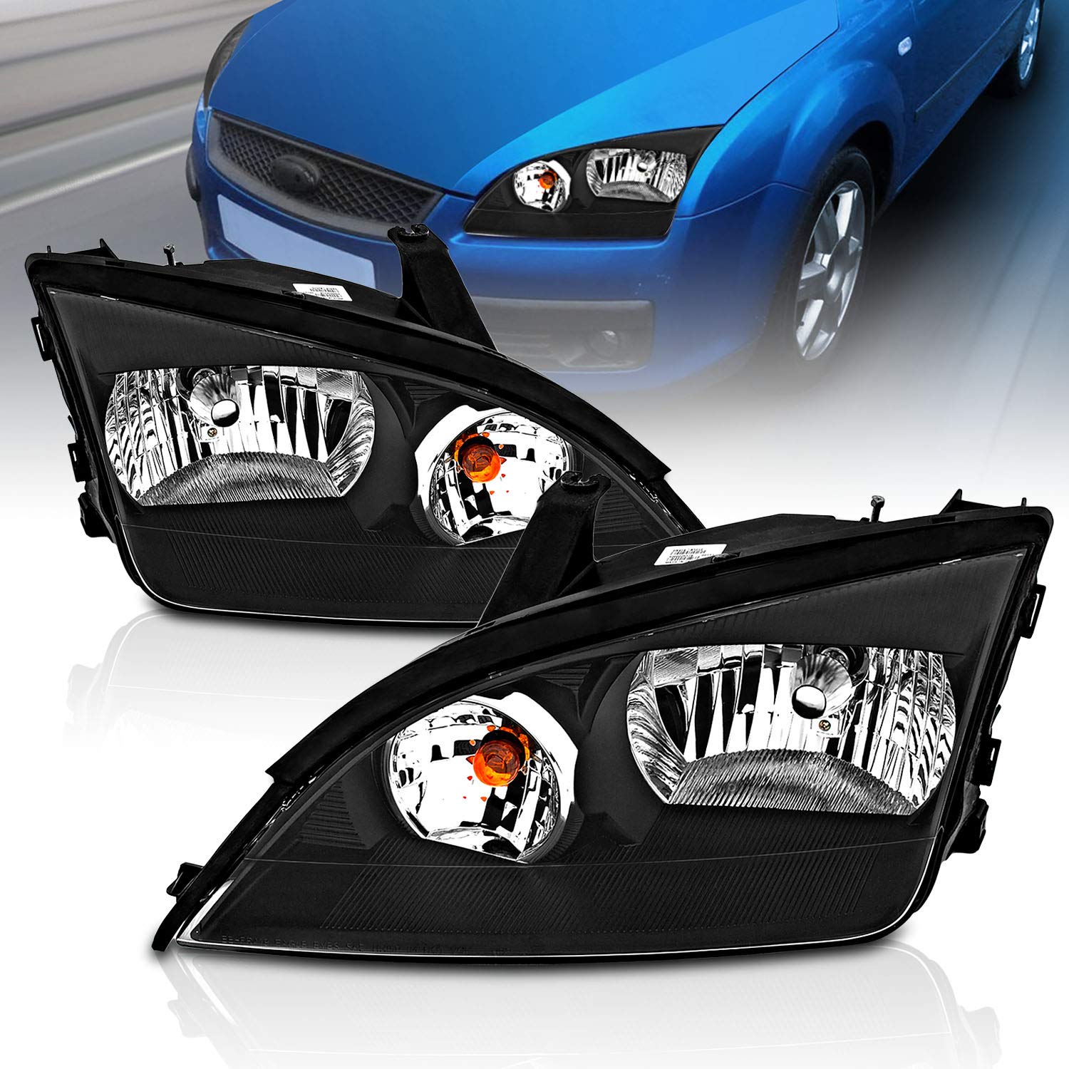 AmeriLite Replacement Headlights for Ford Focus ZX4 - Black 4-Door LED Headlamps (Passenger & Driver Side) | Improved Night Visibility & Style Upgrade