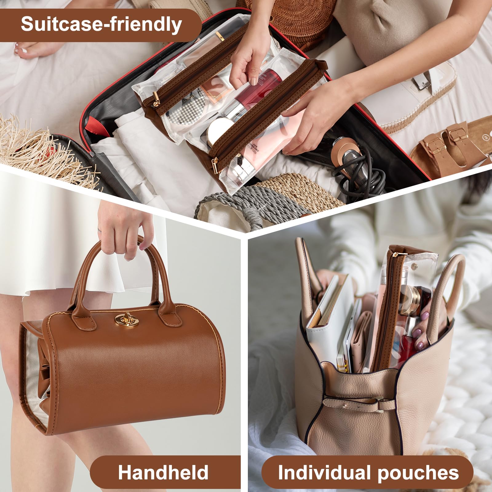 Foldable Travel Makeup Organizer Bag with Detachable Pouches - Large Capacity 4-in-1 Roll-Up Cosmetic Storage with Handle for Women | Perfect for Air Travel, Gym, Vacation & Daily Organization
