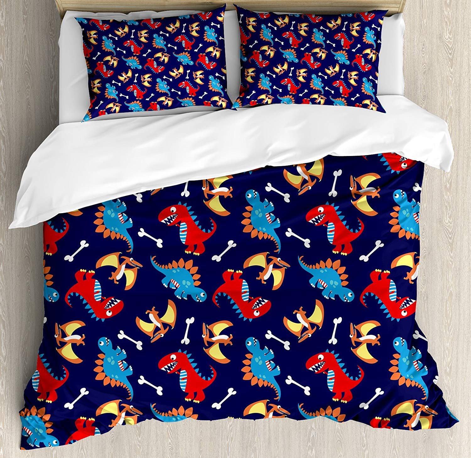 Dinosaur Queen Size 3-Piece Bedding Set - Fun Cartoon Dino Print Duvet Cover with 2 Pillow Shams for Kids Room Decor | Soft & Comfortable Bed Sheets for Boys/Girls Bedroom | Perfect for Birthday Gifts, Nursery, or Themed Bedroom Design