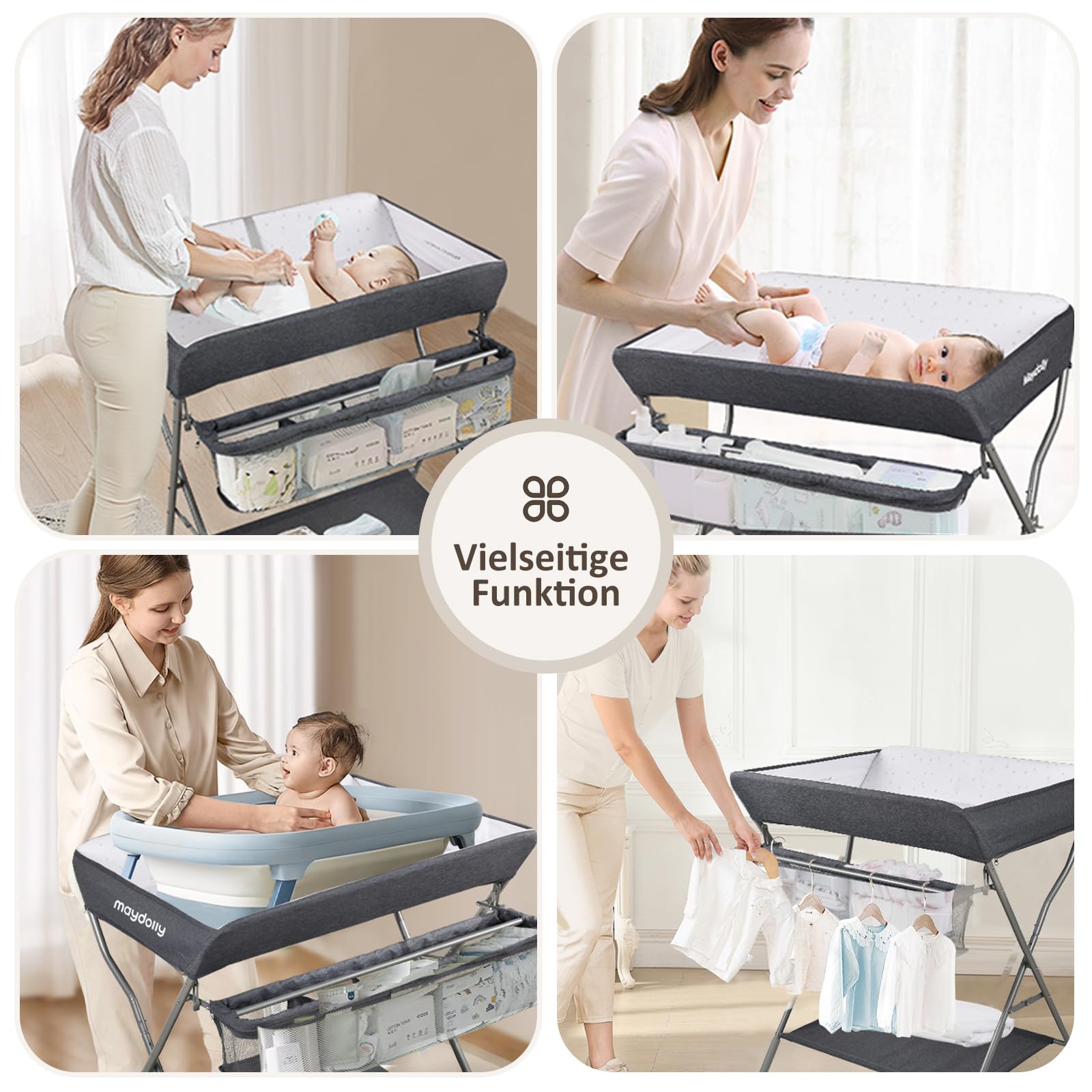 Maydolly Foldable Baby Changing Table with Wheels, Waterproof & Height Adjustable, Mobile Diaper Station with Storage Shelves (Dark Gray) - Perfect for Nursery, Bedroom, or On-the-Go Baby Care