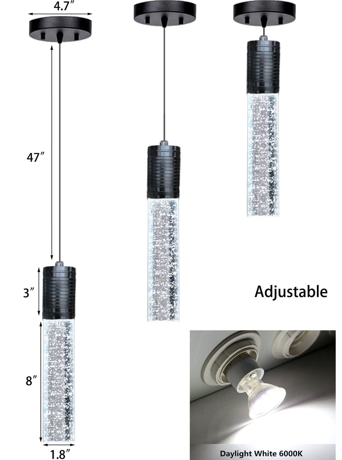 3-Light Black Linear Pendant Lighting Fixture for Kitchen Island & Dining Room - Modern Chandelier with Daylight Bulbs Included - Perfect for Contemporary Home Decor & Restaurant Ambiance
