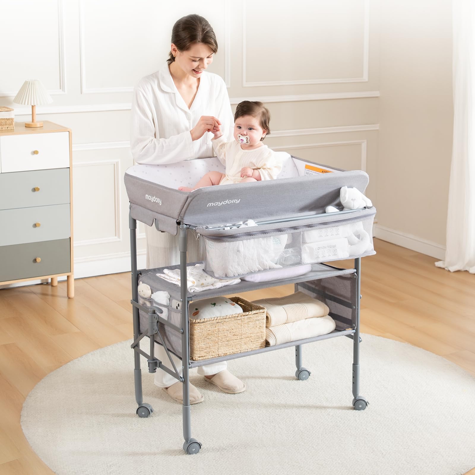 Maydolly Portable Baby Changing Table with Wheels - Adjustable Height, Waterproof Diaper Changing Station & Nursery Organizer - Foldable Design for Newborns & Infants (Grey) - Perfect for Nursery, Bedroom, and Travel Use