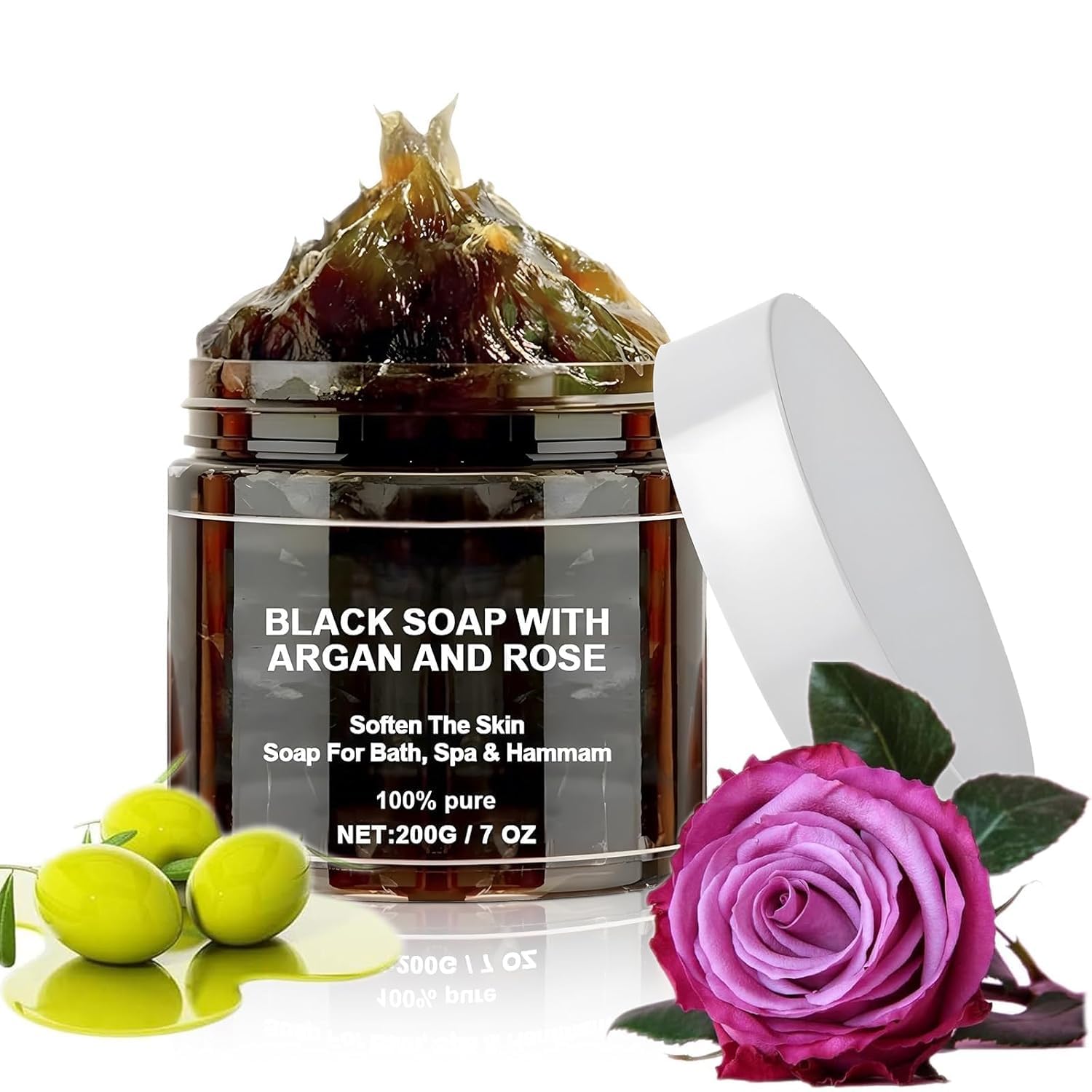 Moroccan Black Soap with Argan Oil & Rose - 7oz | Natural Exfoliating & Moisturizing Body Wash for Soft Skin | Perfect for Spa Day & Dry Skin Care
