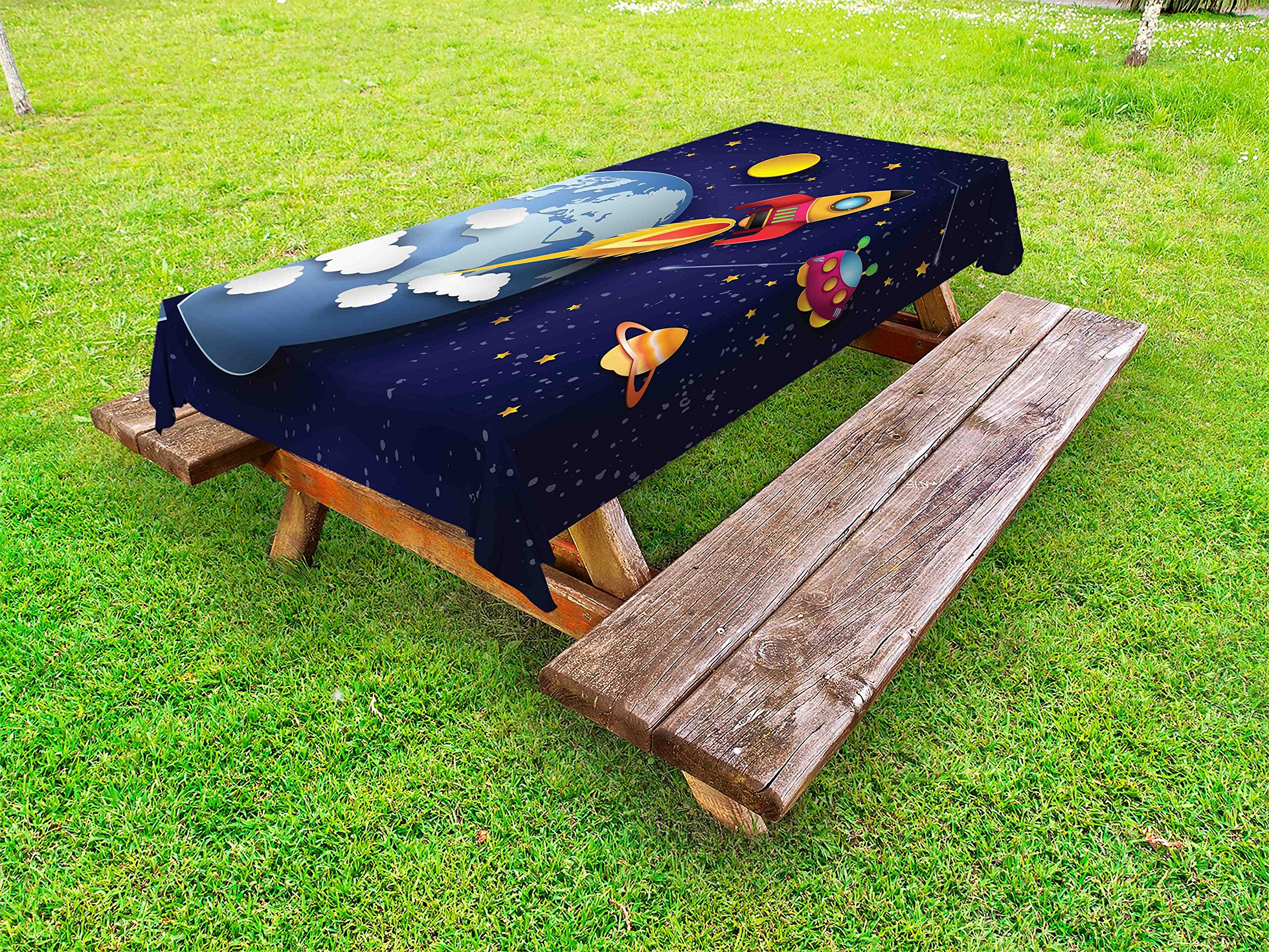 Ambesonne Outer Space Tablecloth - Galaxy, Rocket, Planets, Stars & UFO Print - Washable Picnic Table Cover 58x104 Inches - Perfect for Outdoor Dining, BBQs, Birthday Parties & Space-Themed Decor